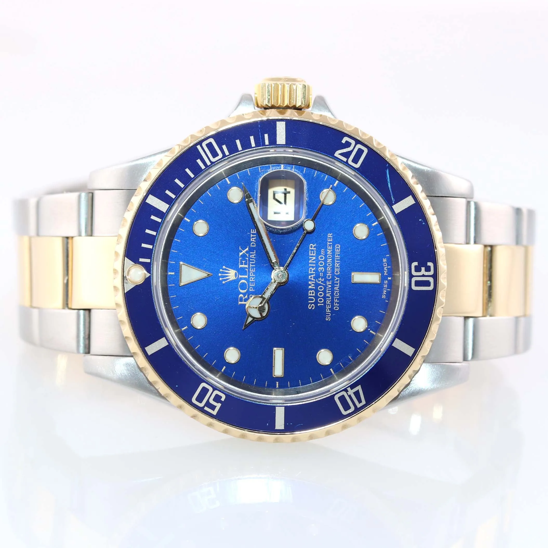 PAPERS 2004 Rolex Submariner 16613 Two Tone 18k Gold Blue SEL No Holes Watch