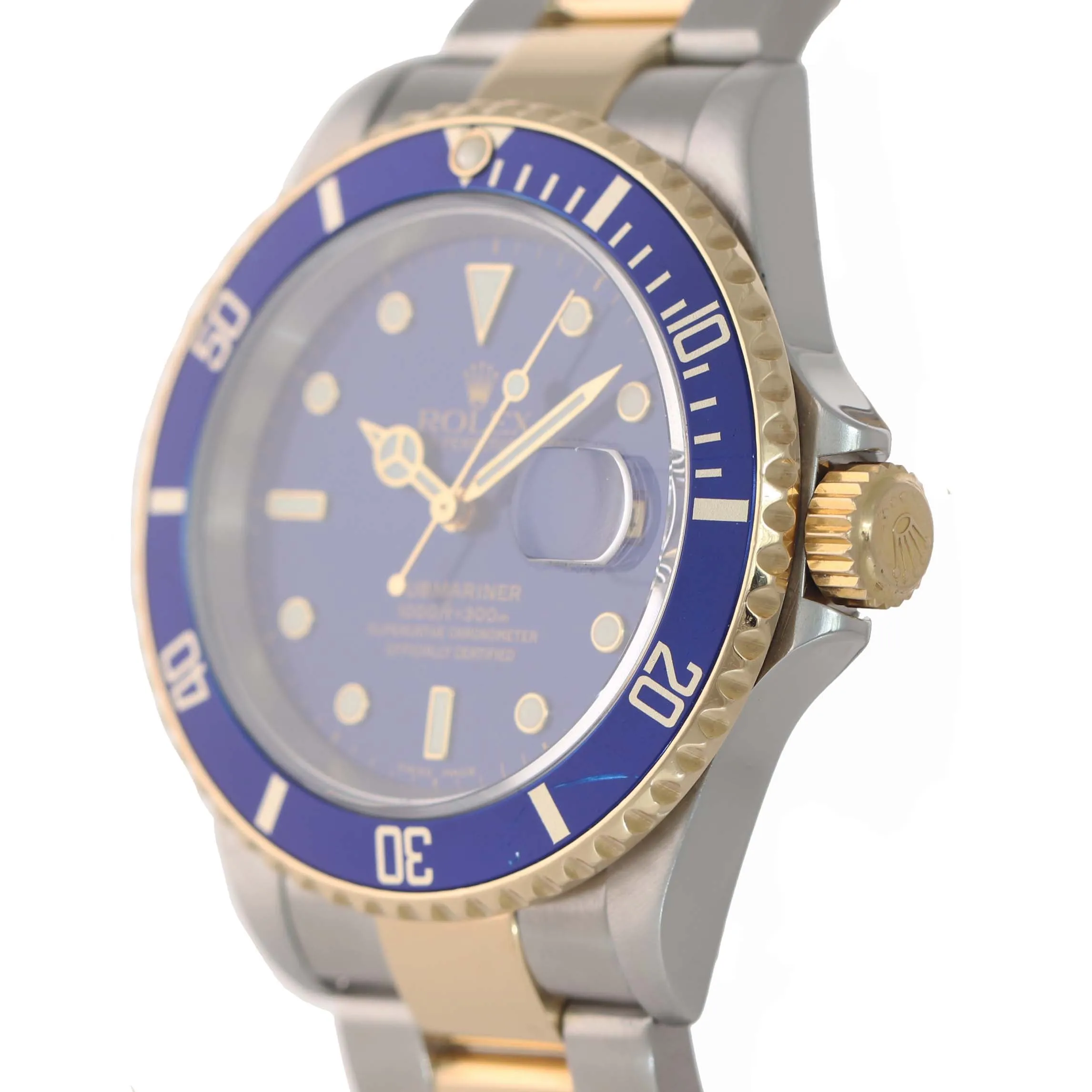 PAPERS 2004 Rolex Submariner 16613 Two Tone 18k Gold Blue SEL No Holes Watch