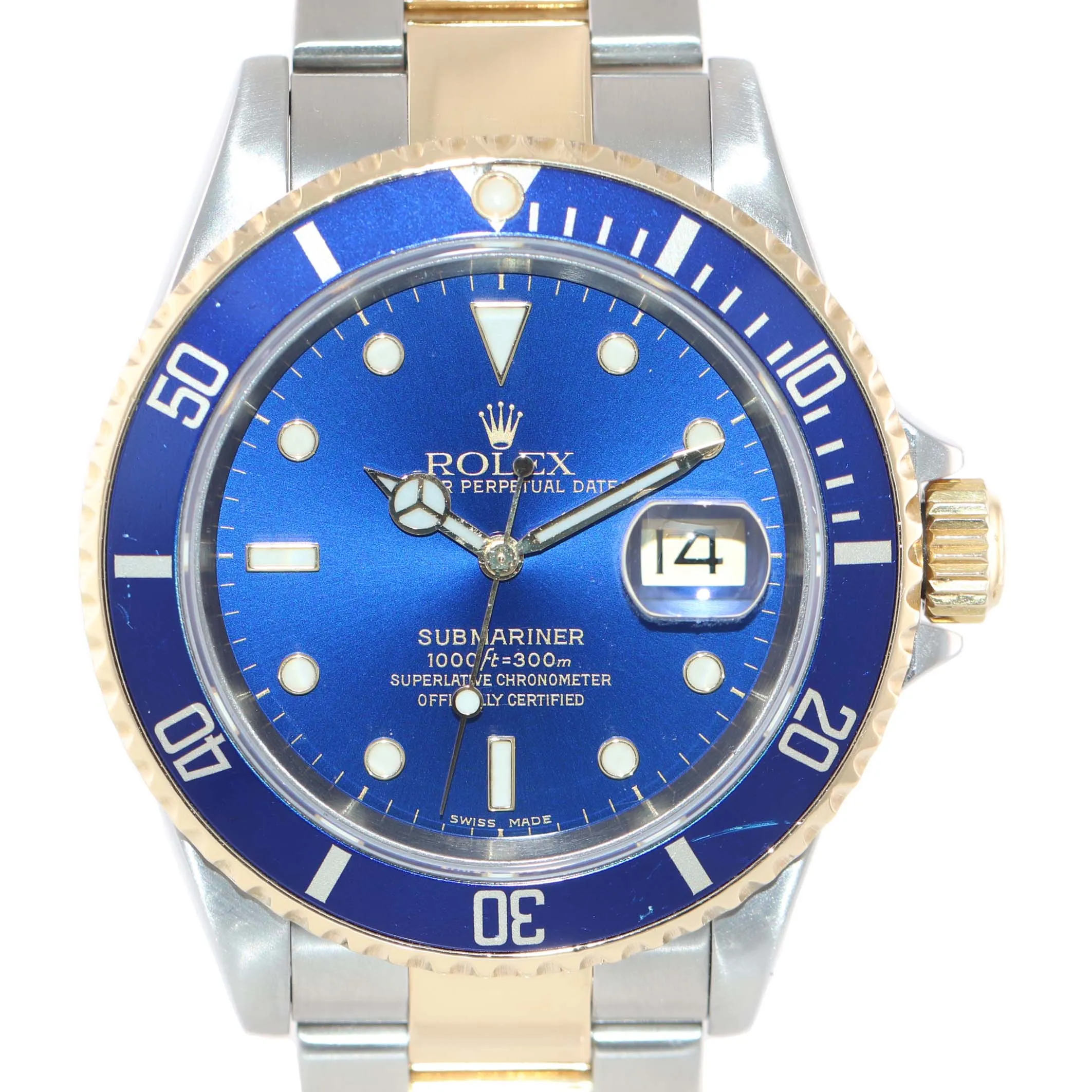 PAPERS 2004 Rolex Submariner 16613 Two Tone 18k Gold Blue SEL No Holes Watch