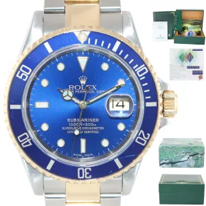PAPERS 2004 Rolex Submariner 16613 Two Tone 18k Gold Blue SEL No Holes Watch