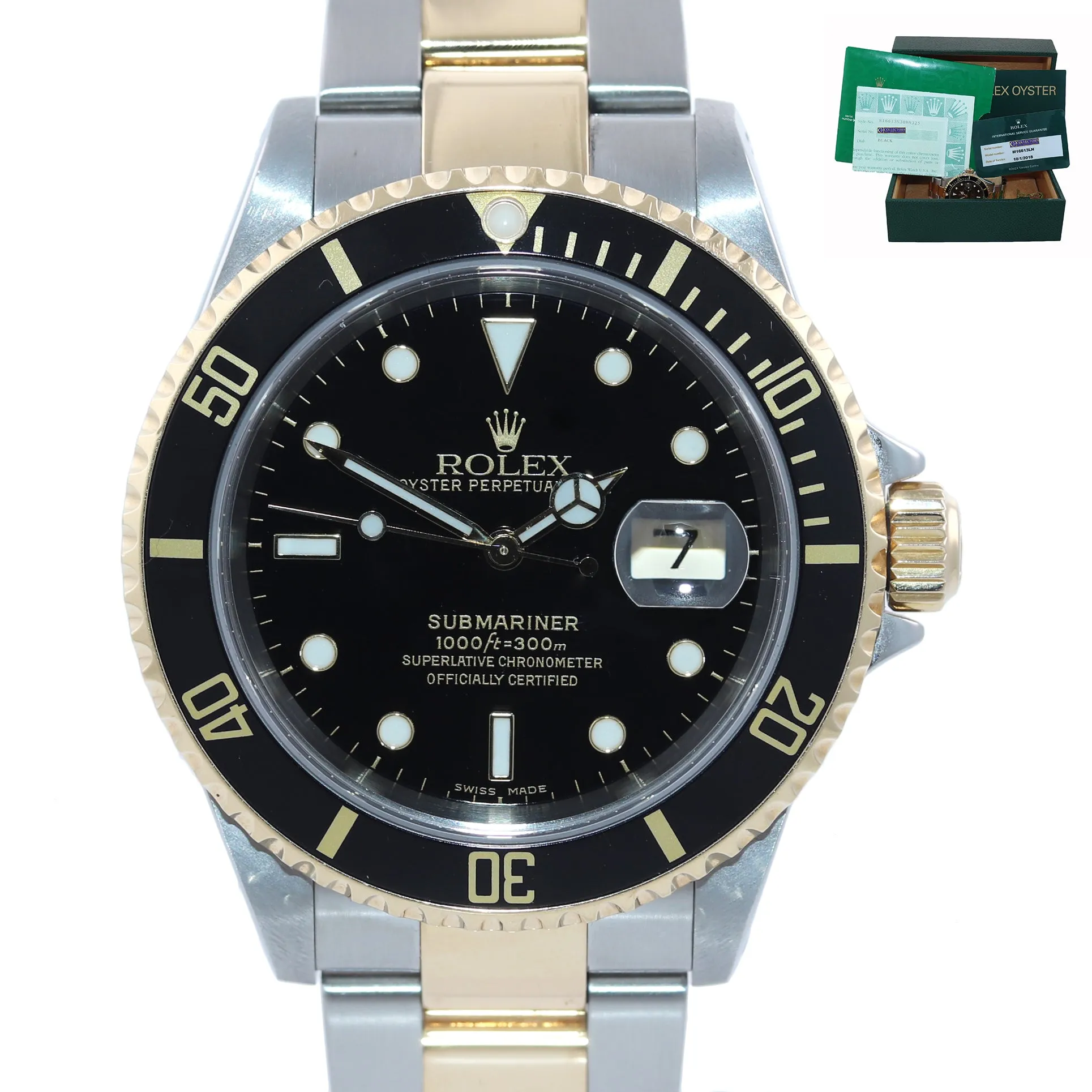 PAPERS 2018 RSC Rolex Submariner 16613 18k Gold Steel Two Tone Black 40mm Watch