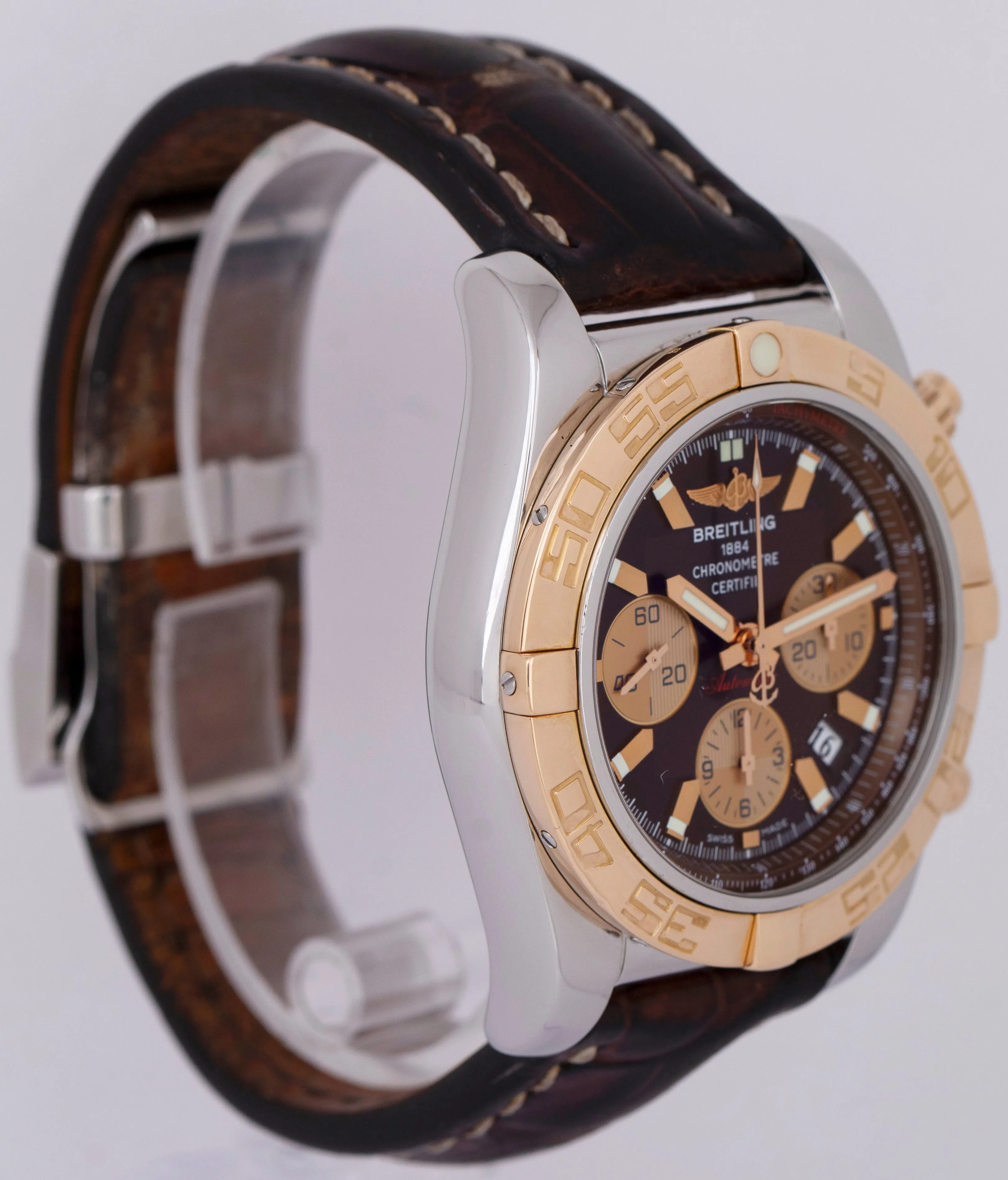 PAPERS Breitling Chronomat 44mm Two-Tone Rose Gold Brown 44mm Watch CB0110 BOX