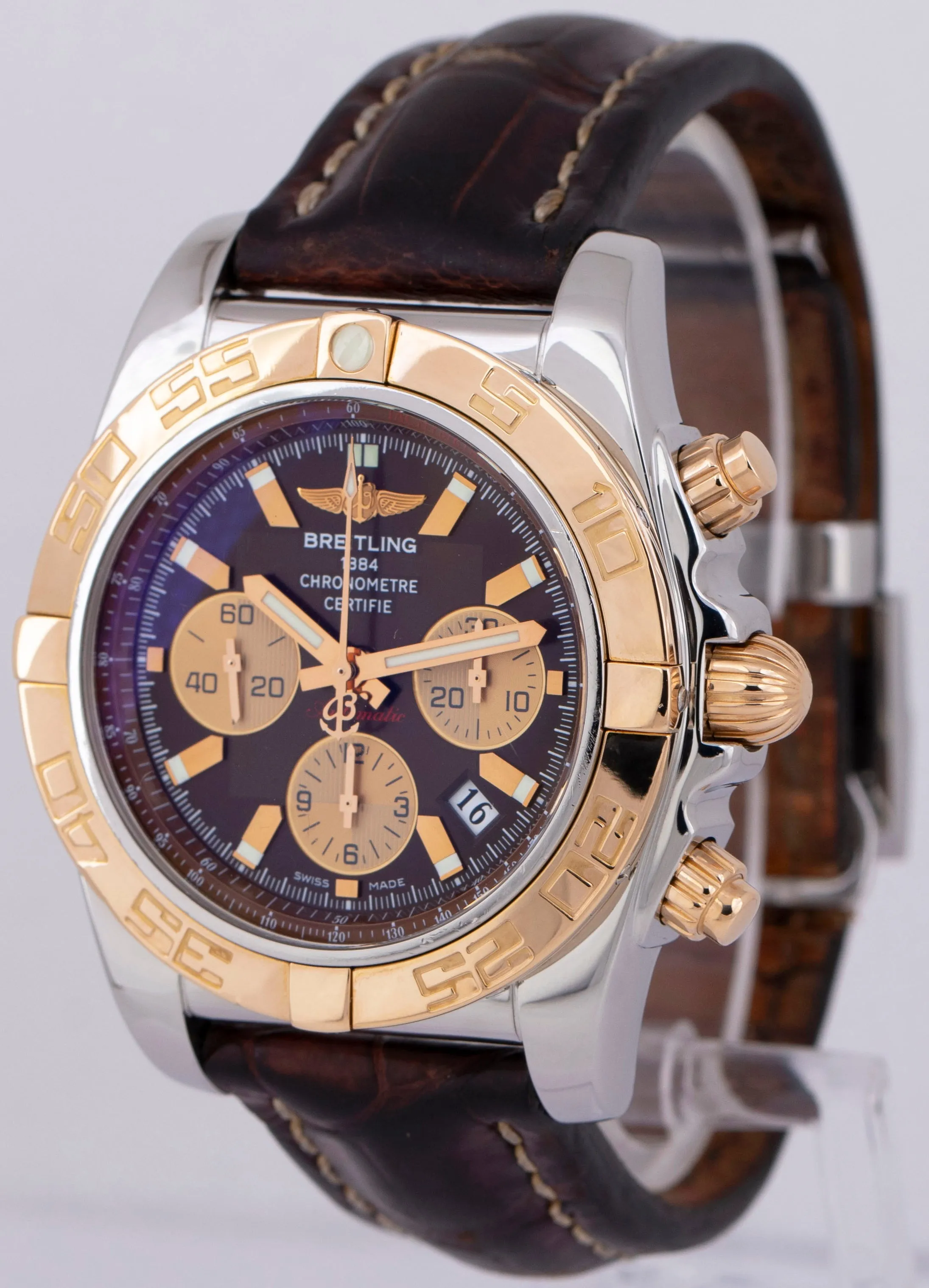 PAPERS Breitling Chronomat 44mm Two-Tone Rose Gold Brown 44mm Watch CB0110 BOX