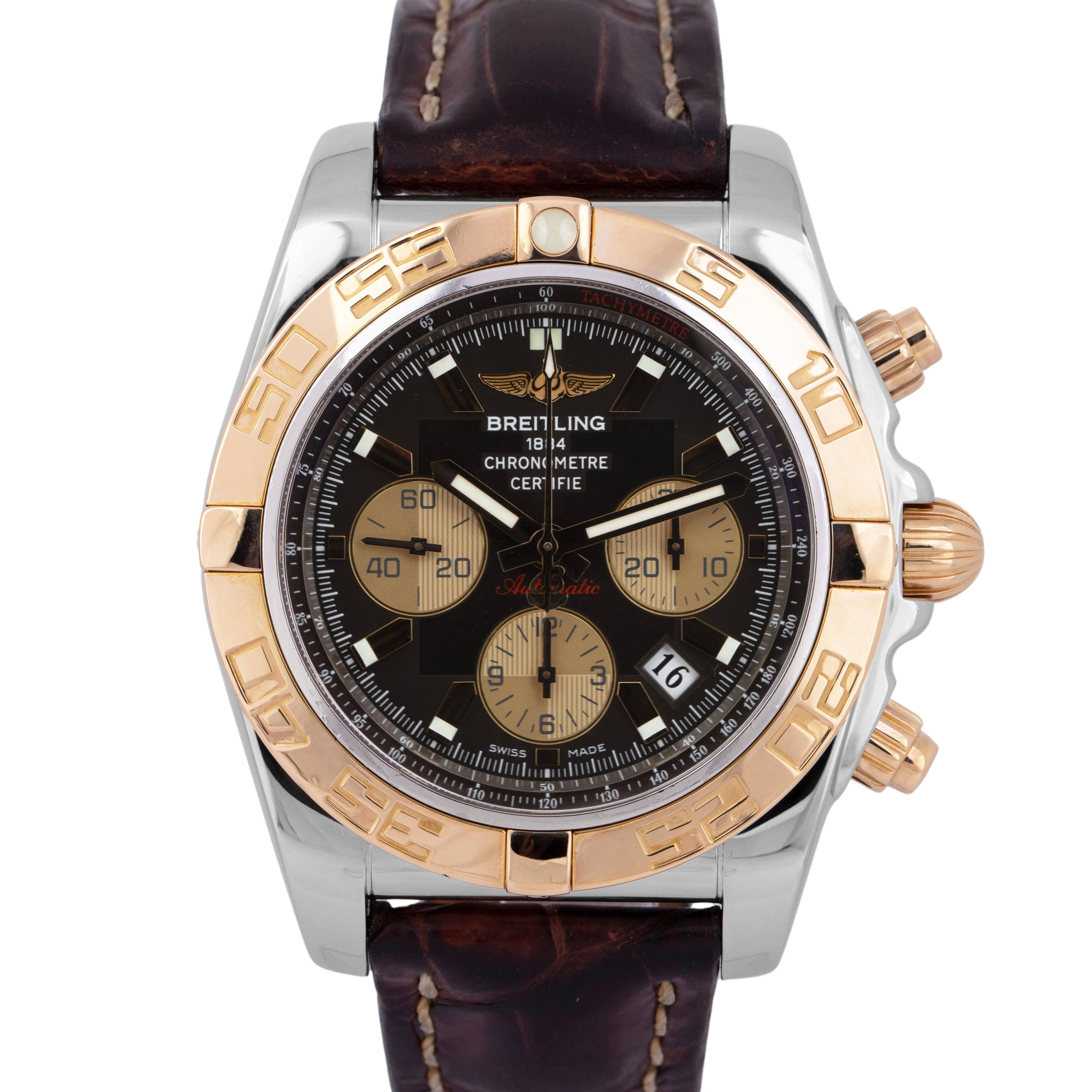 PAPERS Breitling Chronomat 44mm Two-Tone Rose Gold Brown 44mm Watch CB0110 BOX