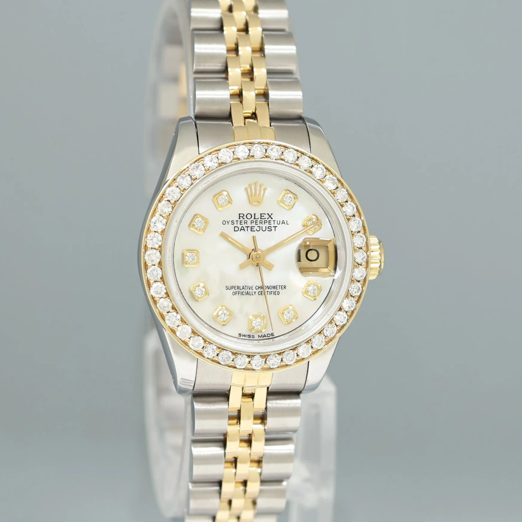 PAPERS Diamond Ladies Rolex DateJust 26mm 69173 Two Tone Yellow Gold Mother of Pearl Watch