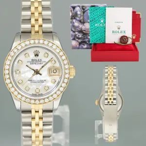 PAPERS Diamond Ladies Rolex DateJust 26mm 69173 Two Tone Yellow Gold Mother of Pearl Watch