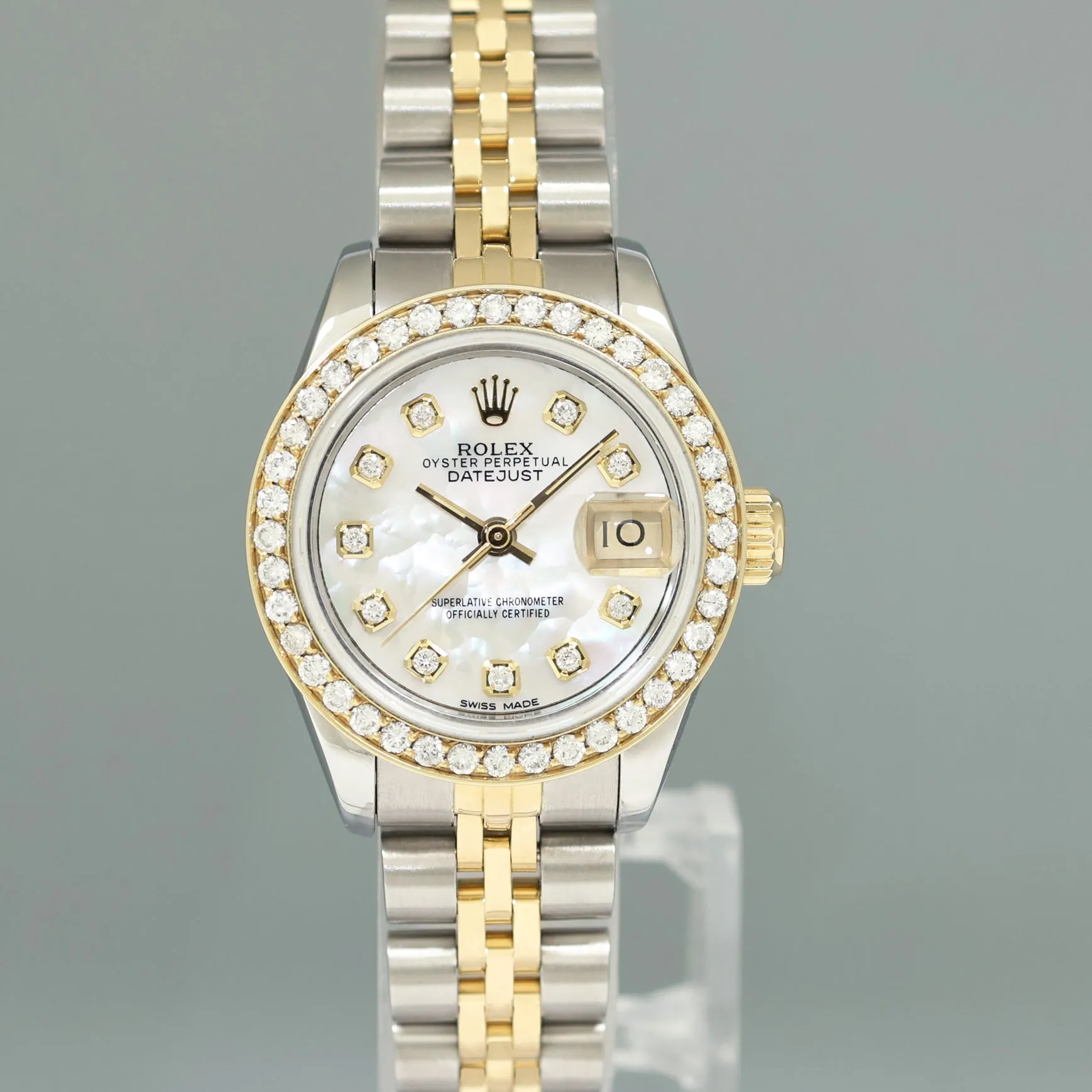 PAPERS Diamond Ladies Rolex DateJust 26mm 69173 Two Tone Yellow Gold Mother of Pearl Watch