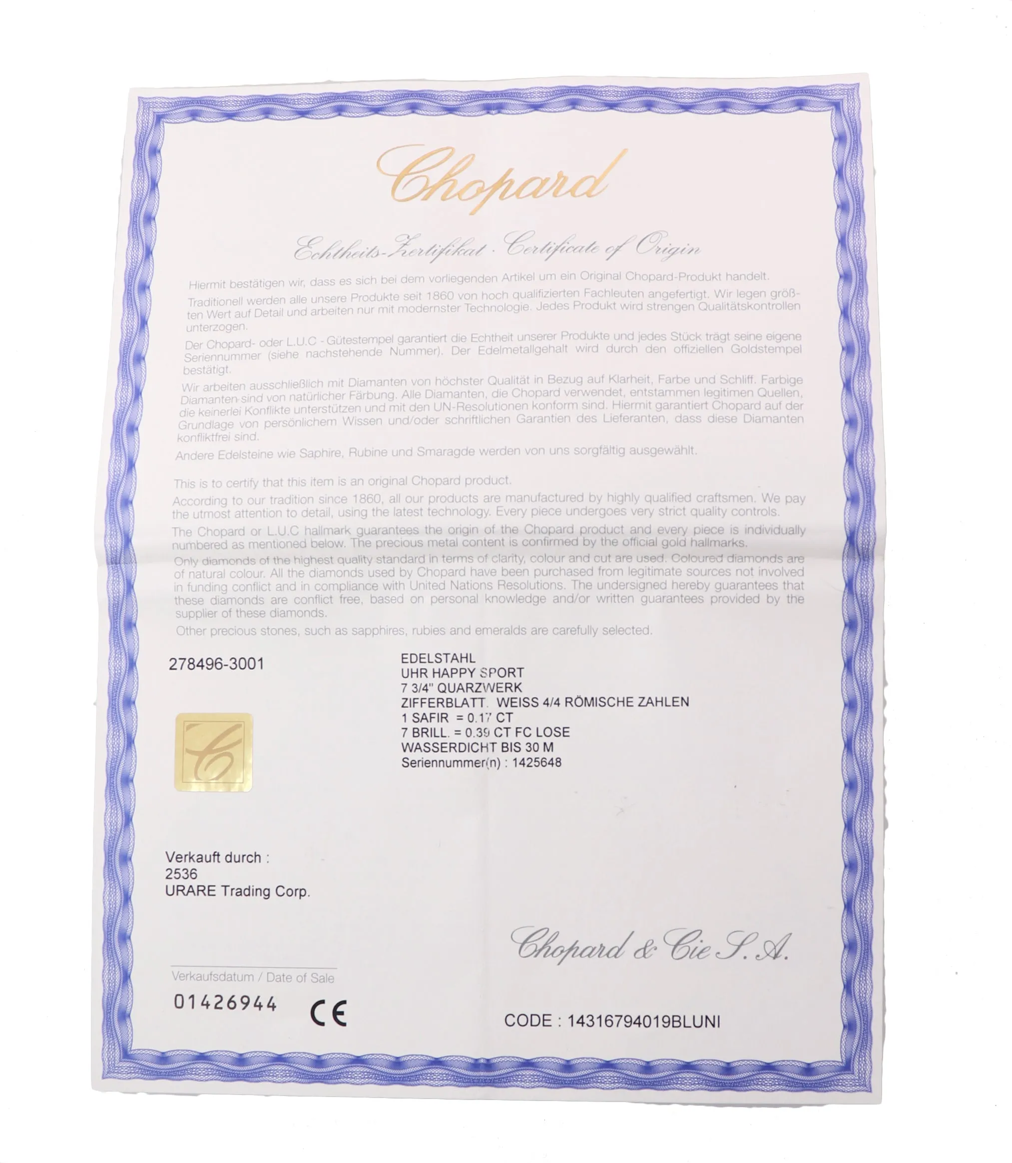 PAPERS Ladies Chopard Happy Sport 7 Diamond 278496-3001 30mm Quartz MOP Watch