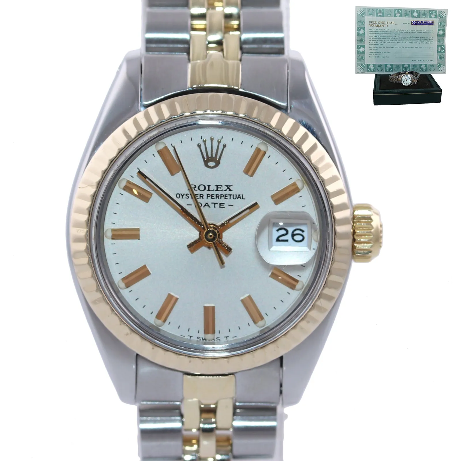 PAPERS Ladies Rolex 6917 Two Tone 18k Gold Jubilee Band 26mm Silver Stick Watch