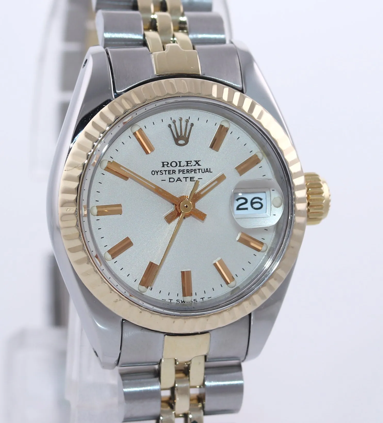 PAPERS Ladies Rolex 6917 Two Tone 18k Gold Jubilee Band 26mm Silver Stick Watch