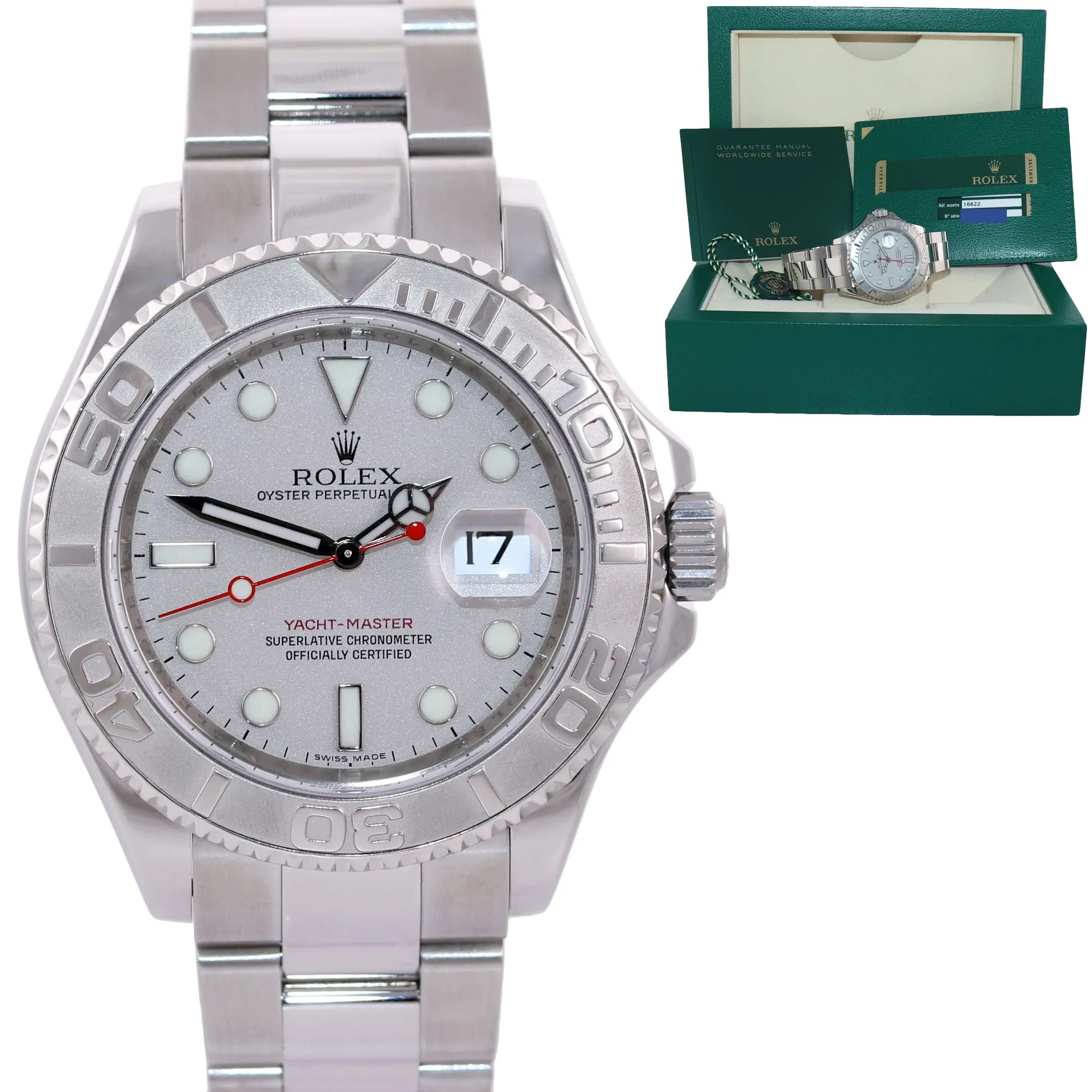 PAPERS MINT 2008 Rolex Yacht-Master 16622 Steel Platinum Engraved Rehaut Watch