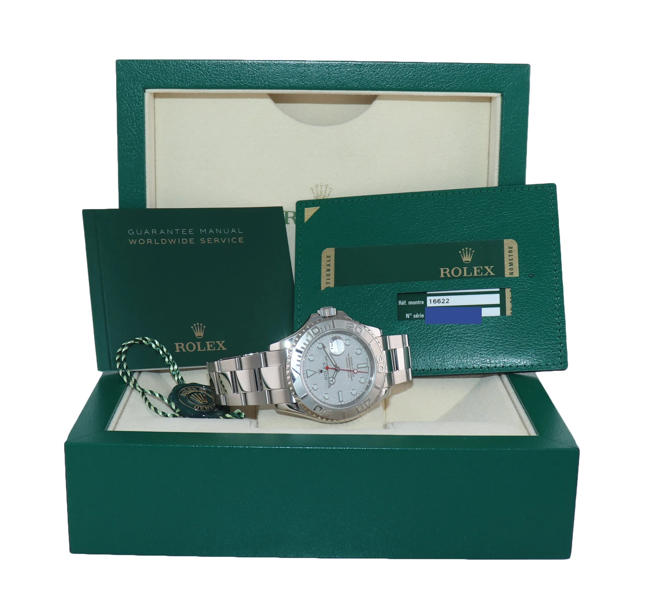 PAPERS MINT 2008 Rolex Yacht-Master 16622 Steel Platinum Engraved Rehaut Watch