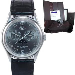 PAPERS Patek Philippe 5056P Platinum Grey Annual Calendar Watch Moonphase Box