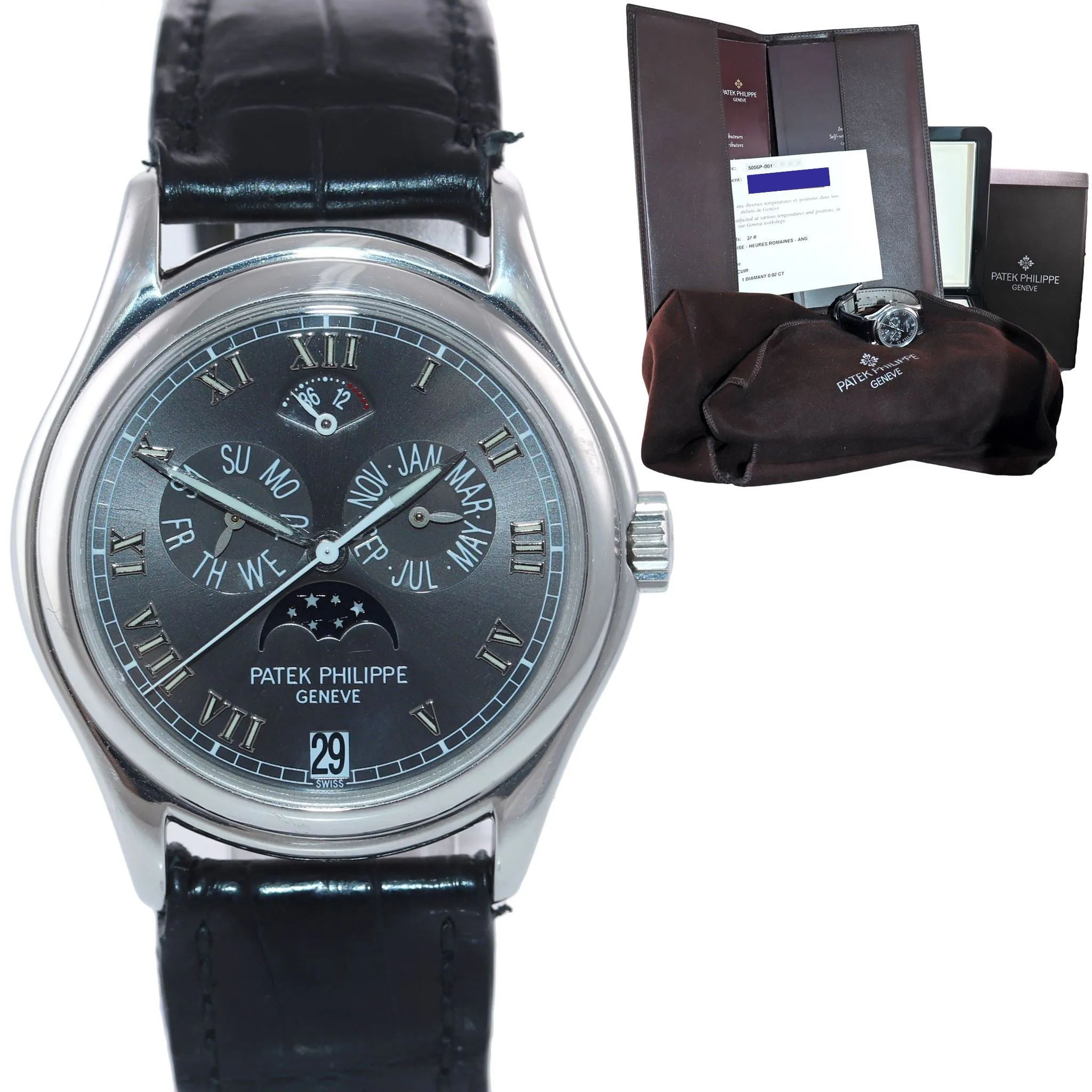 PAPERS Patek Philippe 5056P Platinum Grey Annual Calendar Watch Moonphase Box