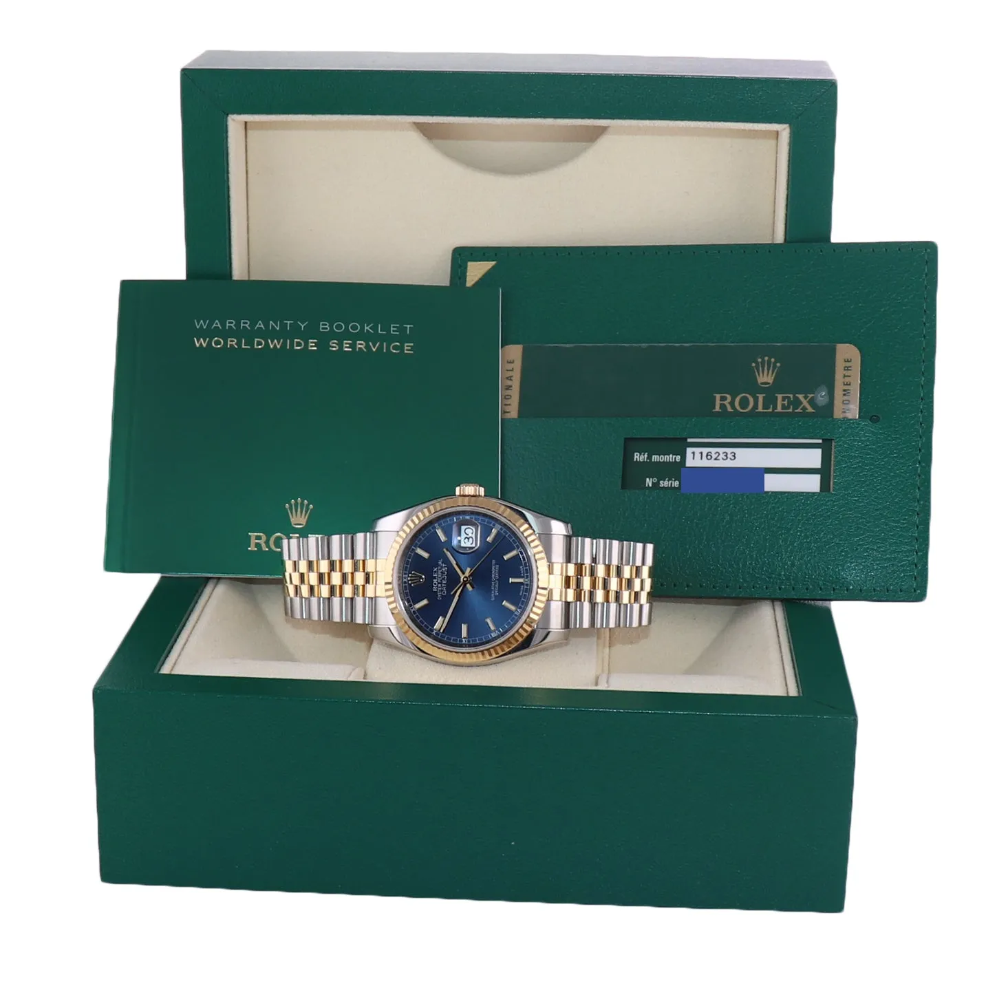 PAPERS Rolex DateJust Jubilee 36mm Blue 116233 Two Tone Yellow Gold Watch Box