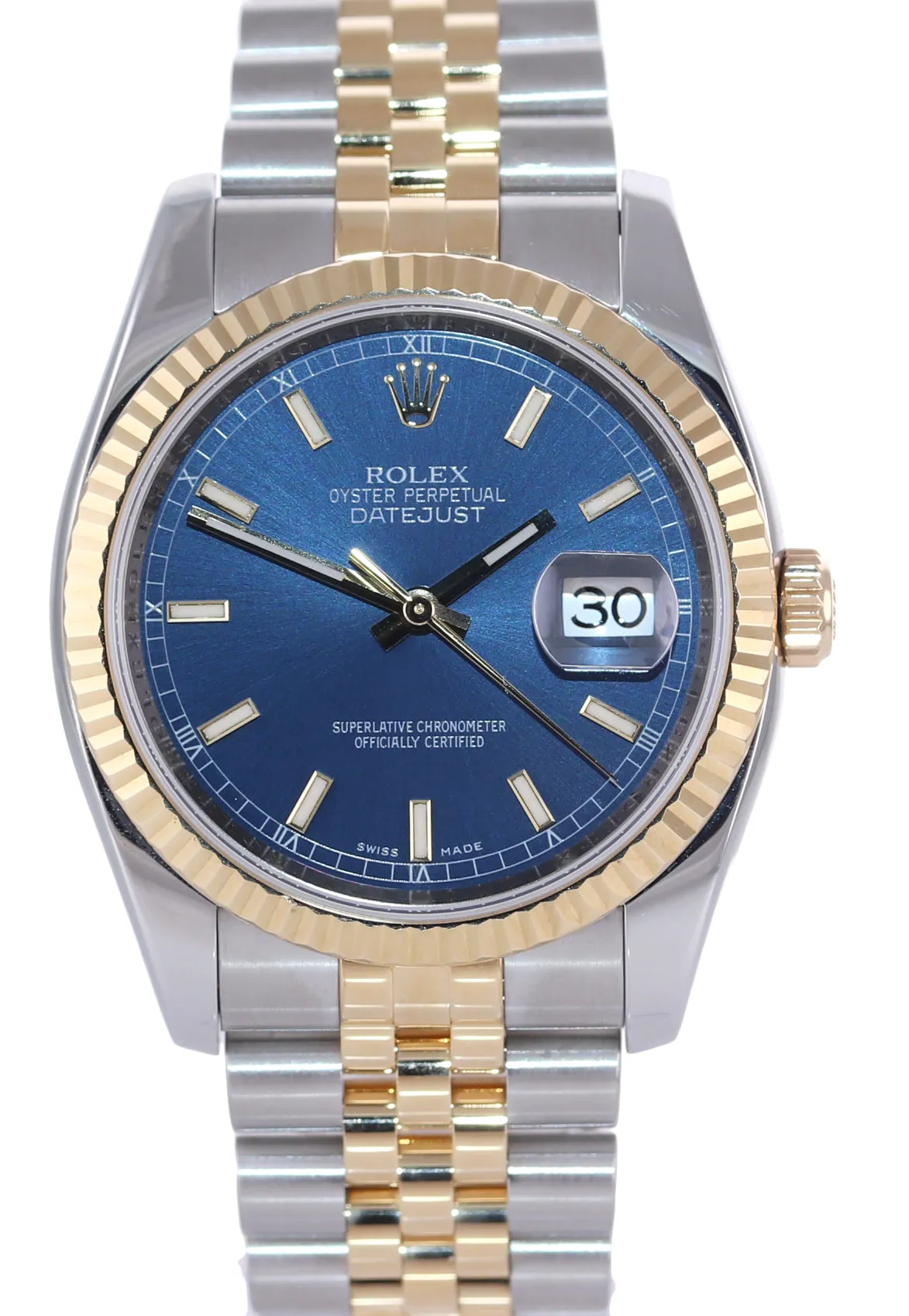 PAPERS Rolex DateJust Jubilee 36mm Blue 116233 Two Tone Yellow Gold Watch Box