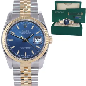 PAPERS Rolex DateJust Jubilee 36mm Blue 116233 Two Tone Yellow Gold Watch Box