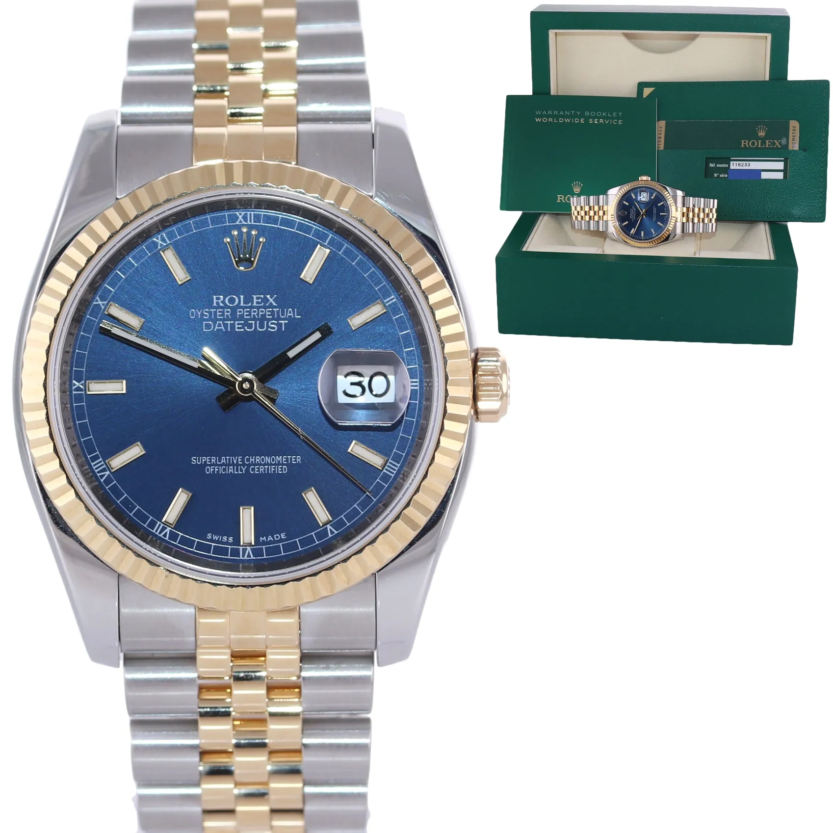 PAPERS Rolex DateJust Jubilee 36mm Blue 116233 Two Tone Yellow Gold Watch Box