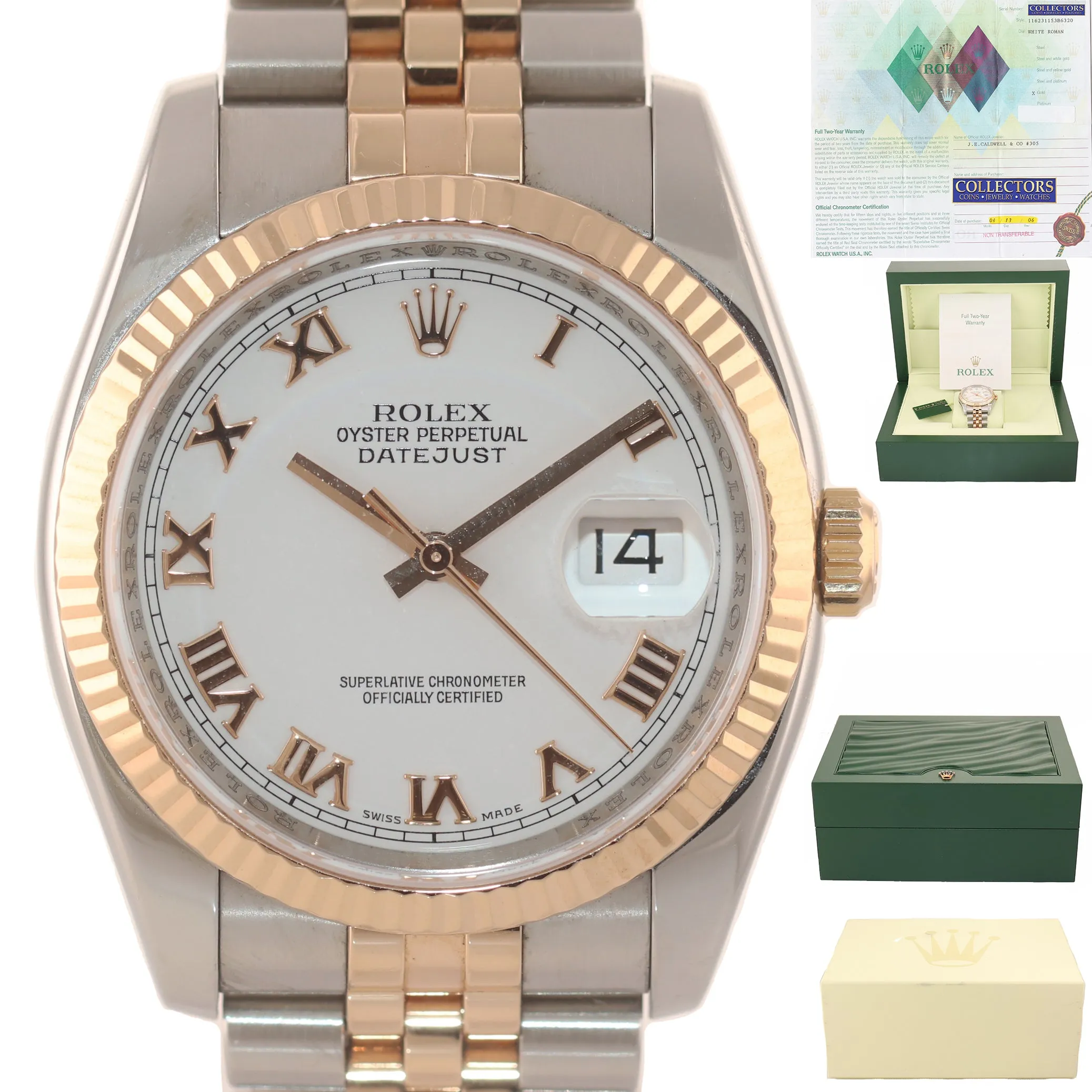 PAPERS Rolex DateJust Jubilee Band 36mm 116231 18k ROSE GOLD White Roman Watch