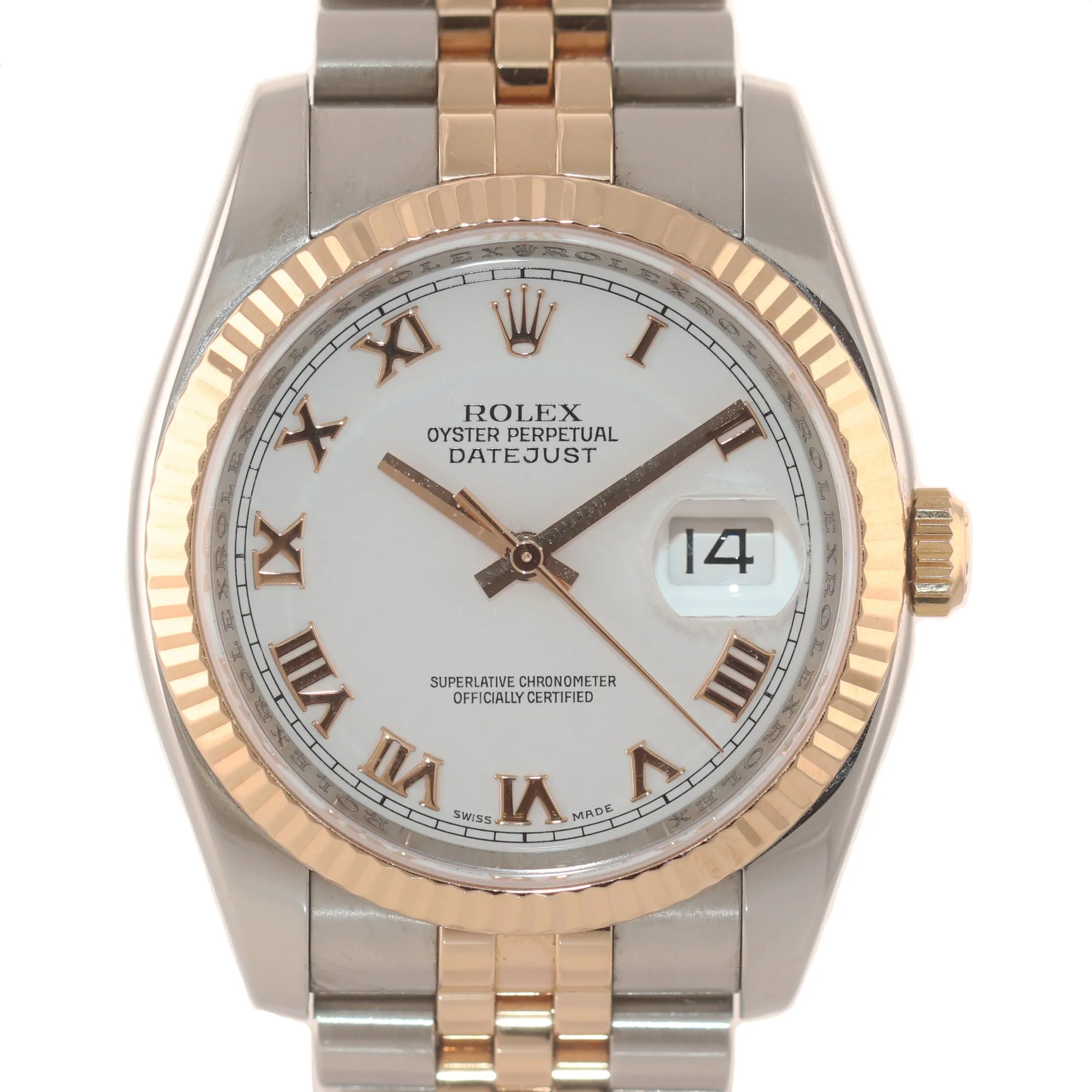 PAPERS Rolex DateJust Jubilee Band 36mm 116231 18k ROSE GOLD White Roman Watch
