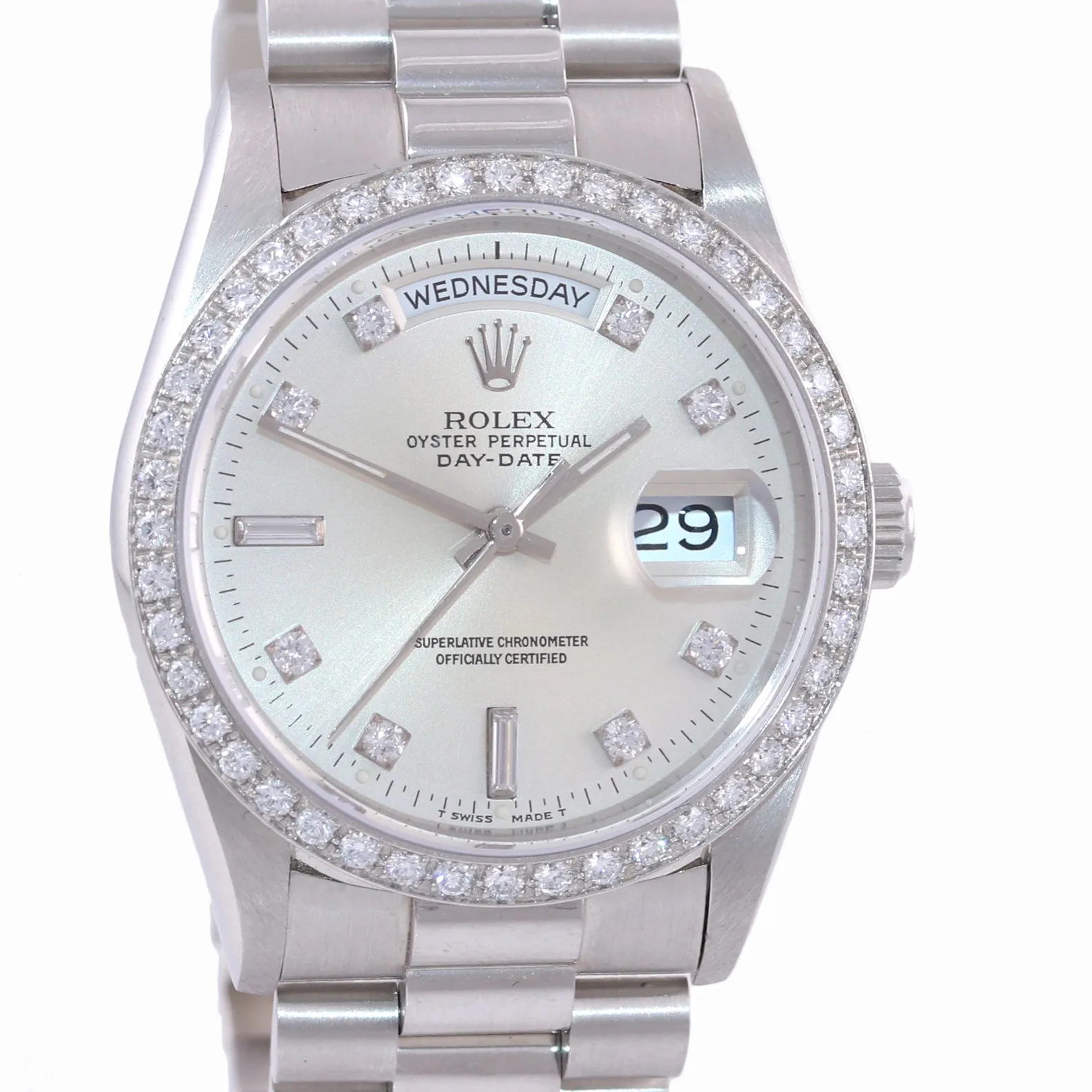 PAPERS Rolex Day-Date President 18346 Silver Diamond Bezel 36 Platinum Watch RSC