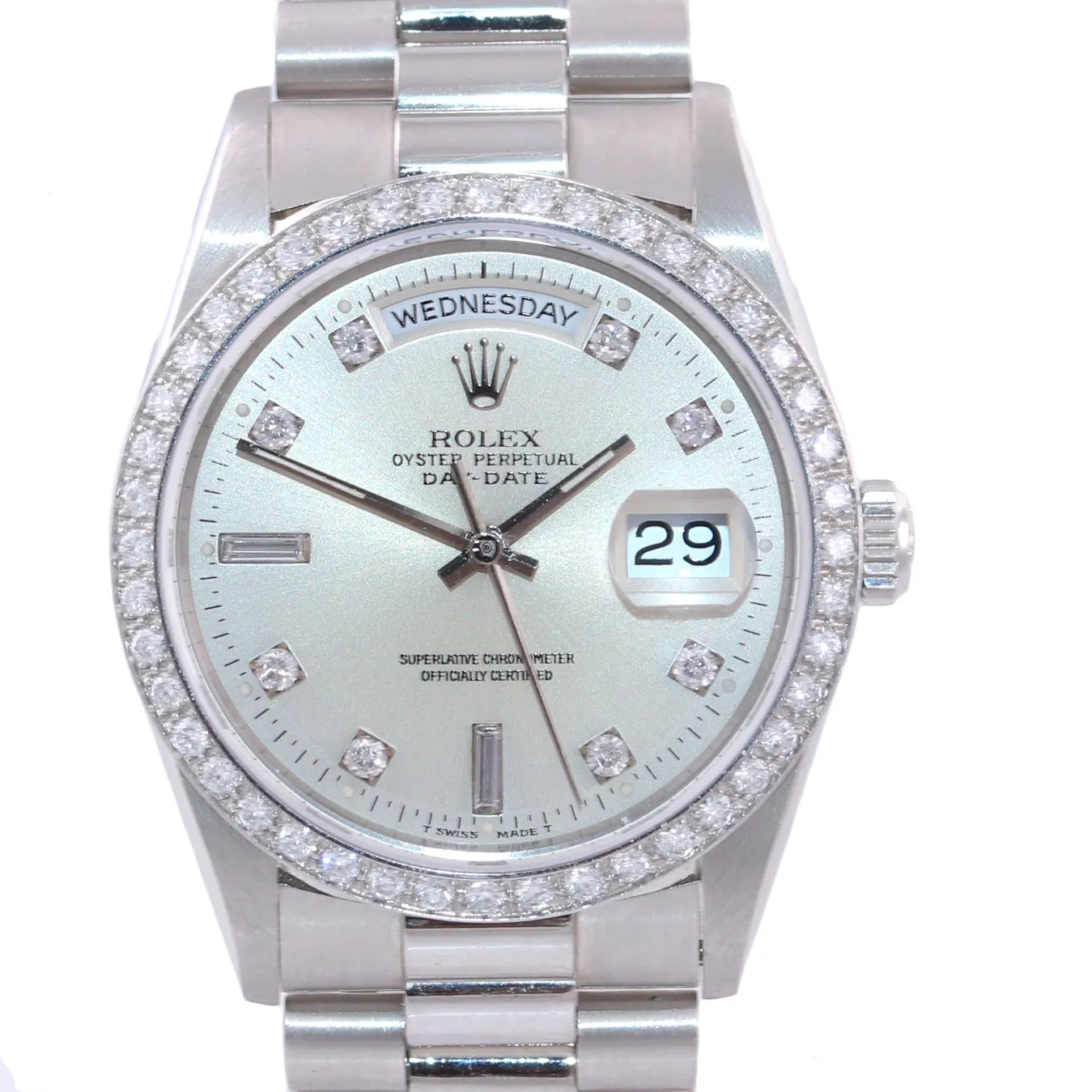 PAPERS Rolex Day-Date President 18346 Silver Diamond Bezel 36 Platinum Watch RSC