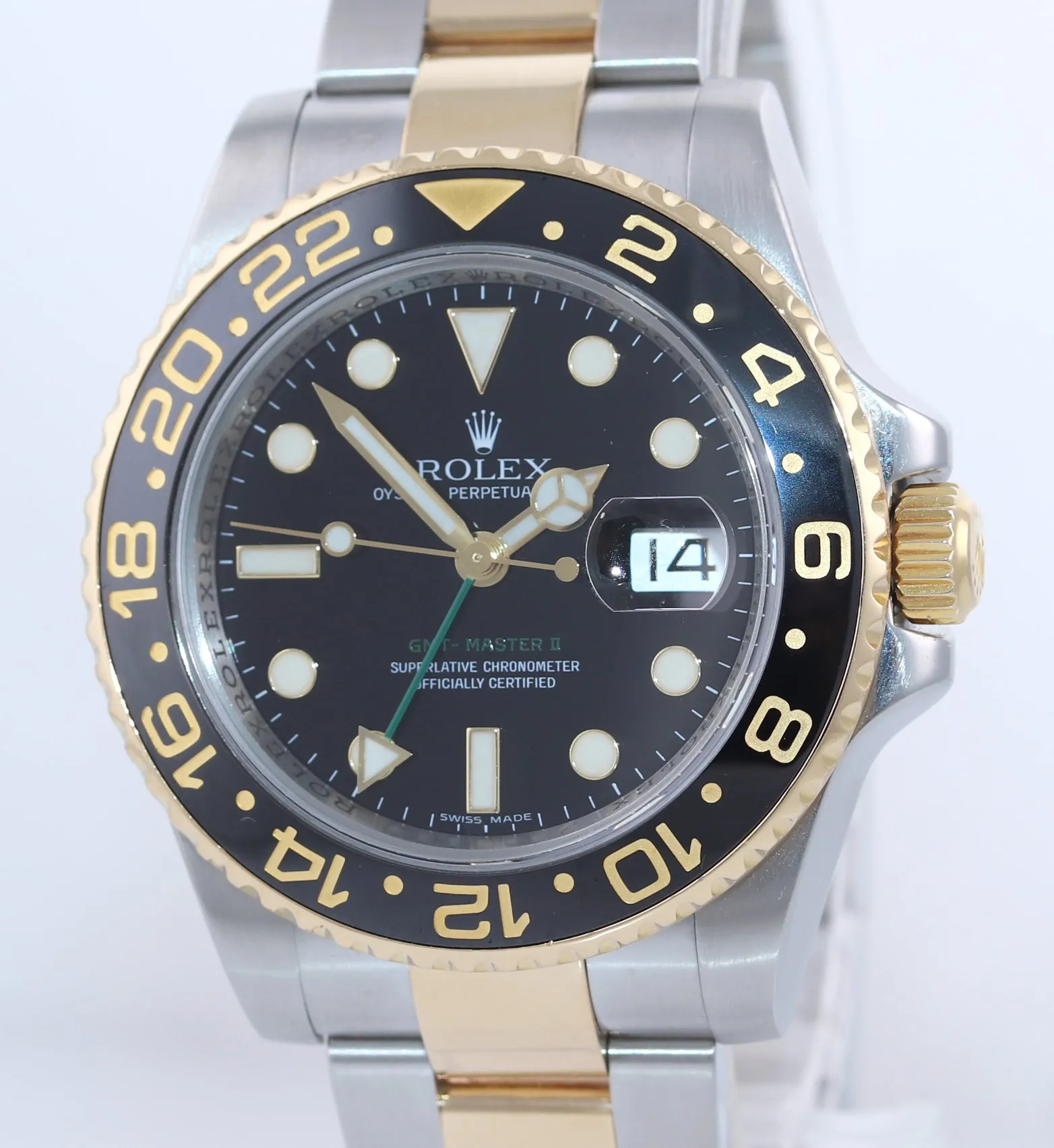 PAPERS Rolex GMT-Master 2 Ceramic 116713 Black Green Two Tone Steel Gold Watch