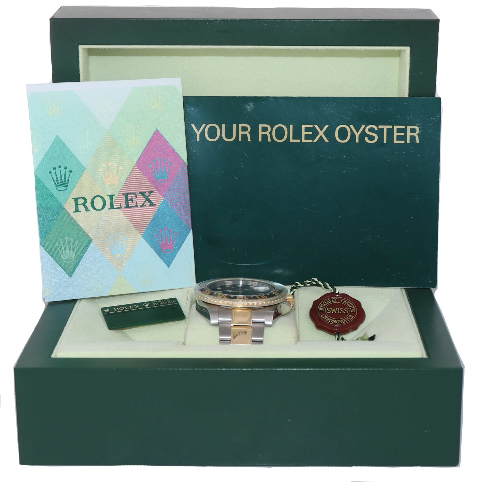 PAPERS Rolex GMT-Master 2 Ceramic 116713 Black Green Two Tone Steel Gold Watch