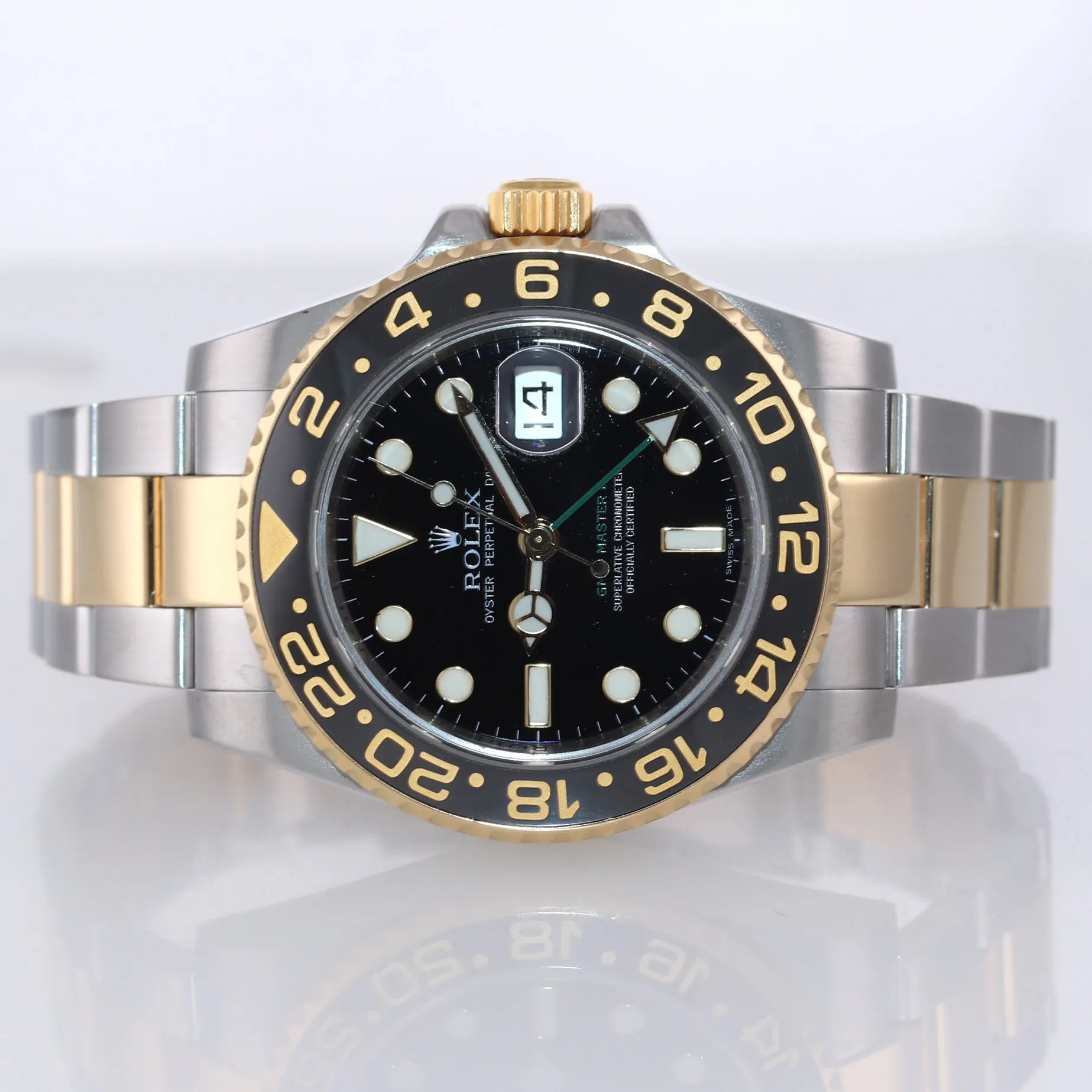 PAPERS Rolex GMT-Master 2 Ceramic 116713 Black Green Two Tone Steel Gold Watch