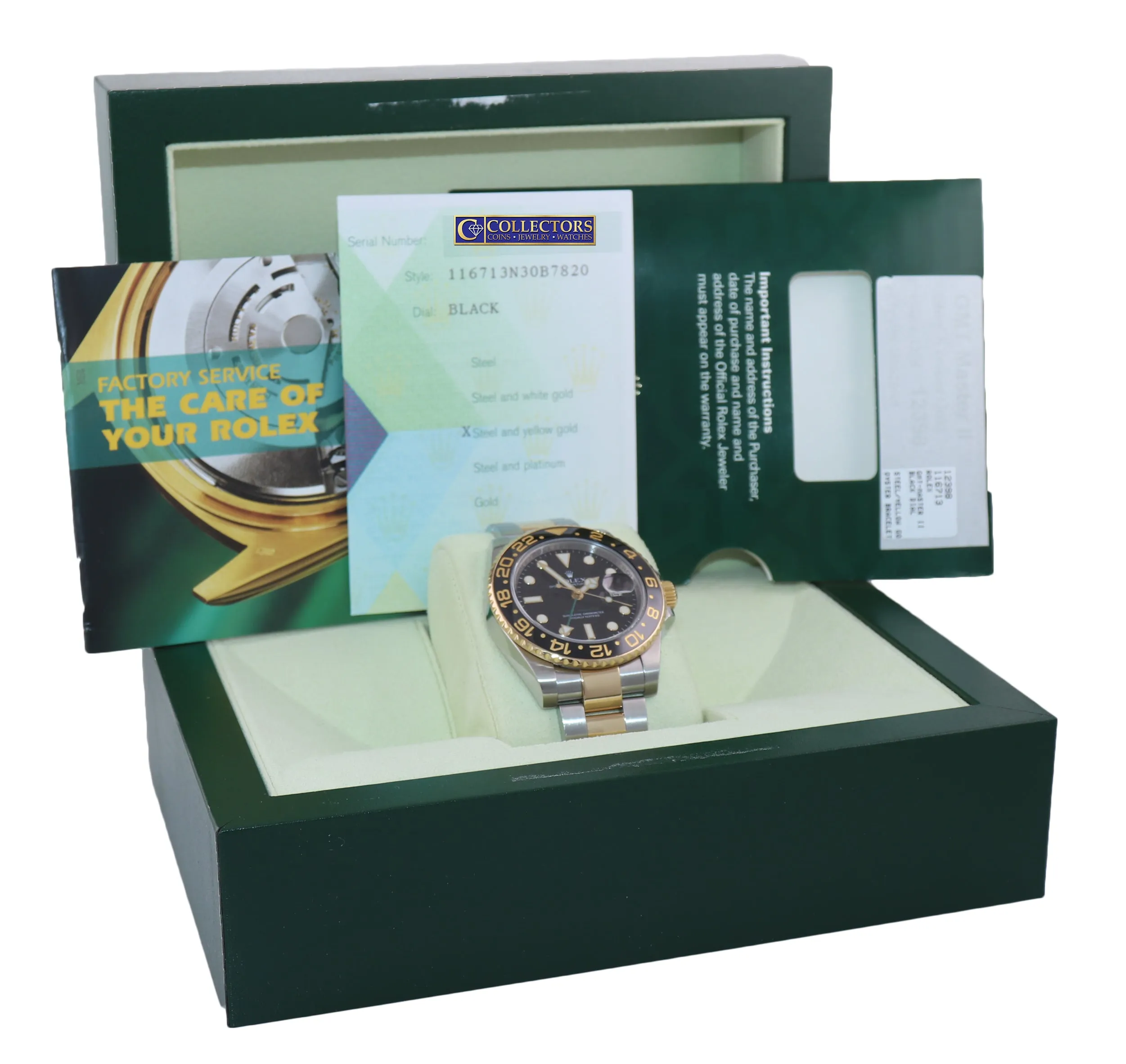 PAPERS Rolex GMT-Master 2 Ceramic 116713 Black Green Two Tone Steel Gold Watch