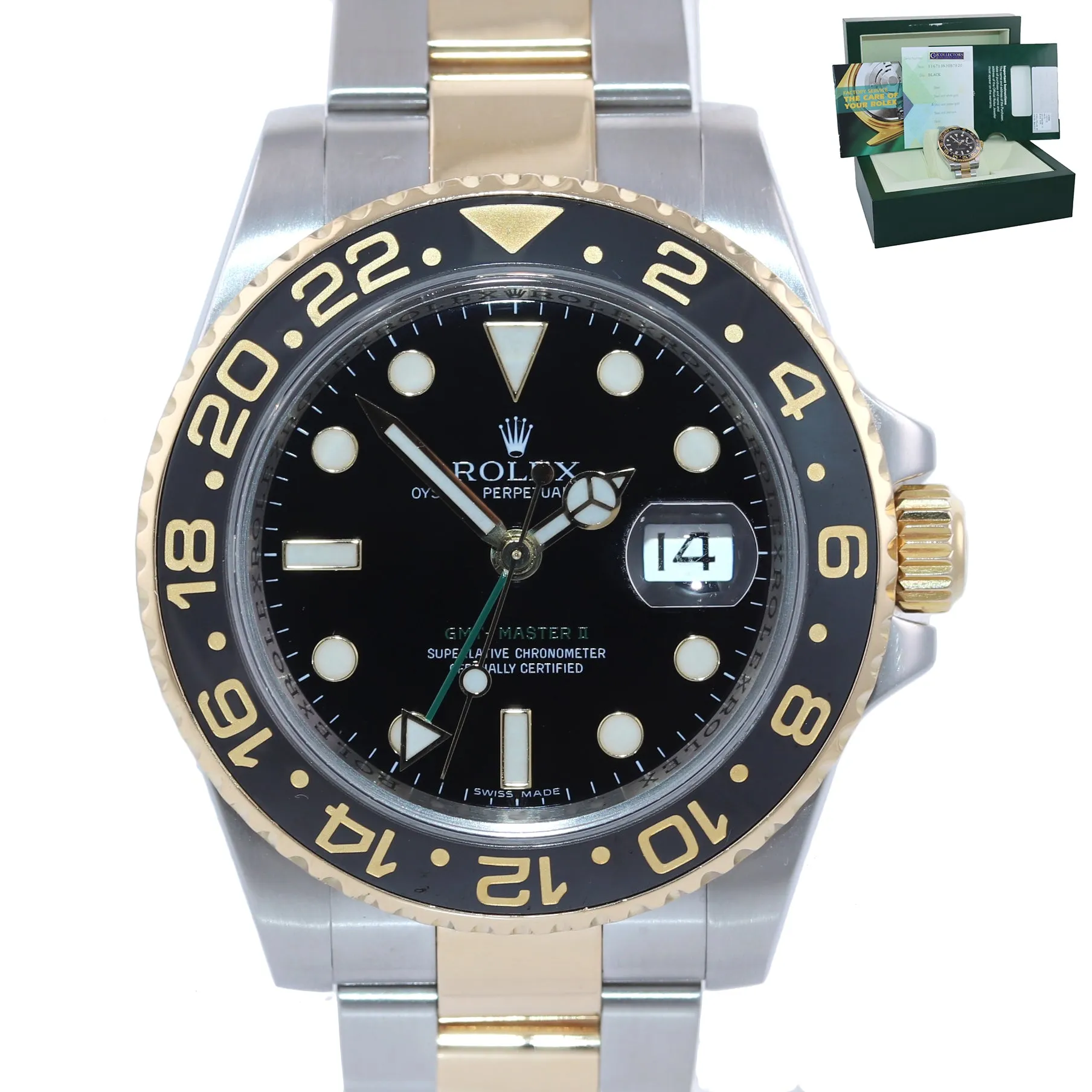 PAPERS Rolex GMT-Master 2 Ceramic 116713 Black Green Two Tone Steel Gold Watch