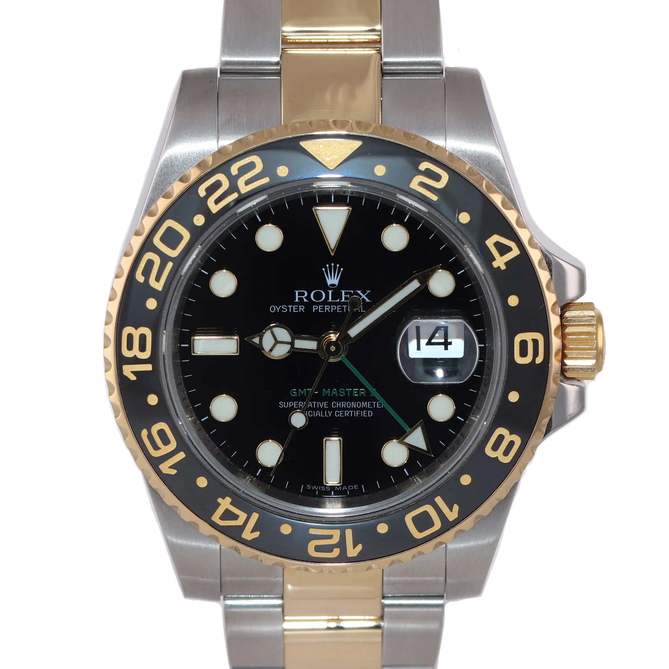 PAPERS Rolex GMT-Master 2 Ceramic 116713 Black Green Two Tone Steel Gold Watch