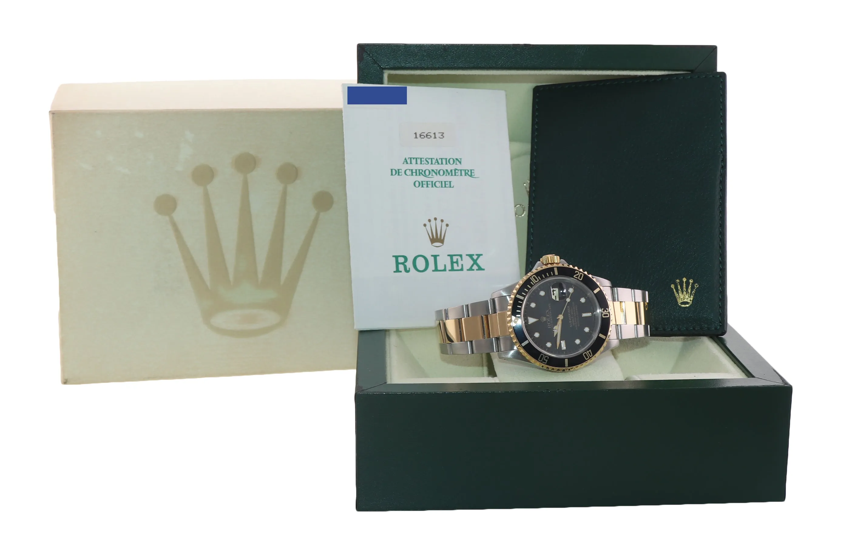 PAPERS Rolex Submariner 16613 18k Gold Steel Two Tone Black 40mm Watch Box