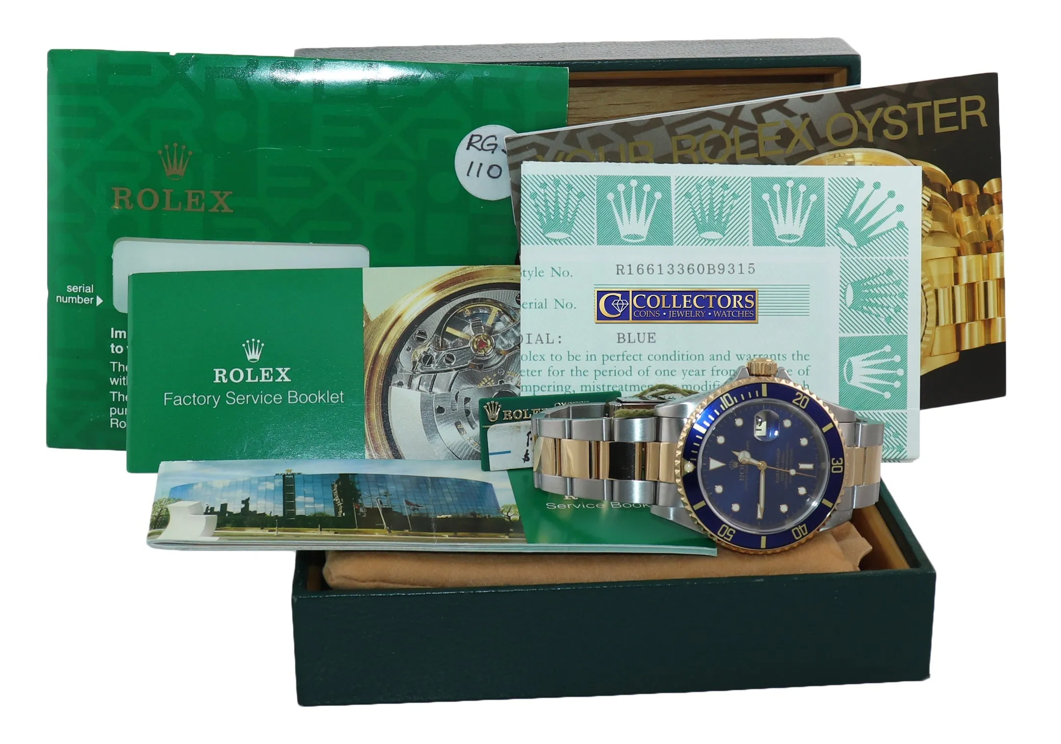 PAPERS Rolex Submariner 16613 Two Tone 18k Yellow Gold Blue 40mm Watch Box