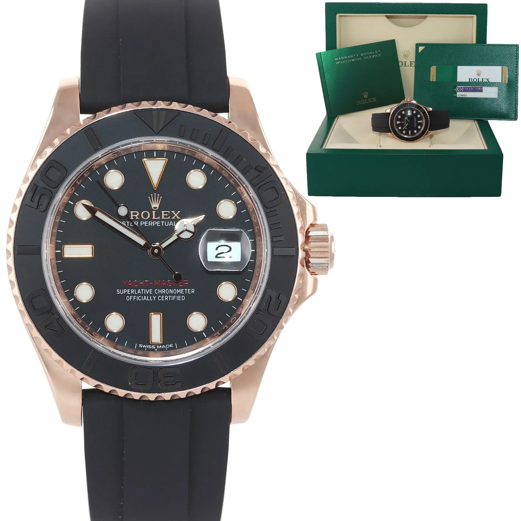 PAPERS Rolex Yacht-Master 116655 18k Everose 40mm Black Oysterflex Watch Box