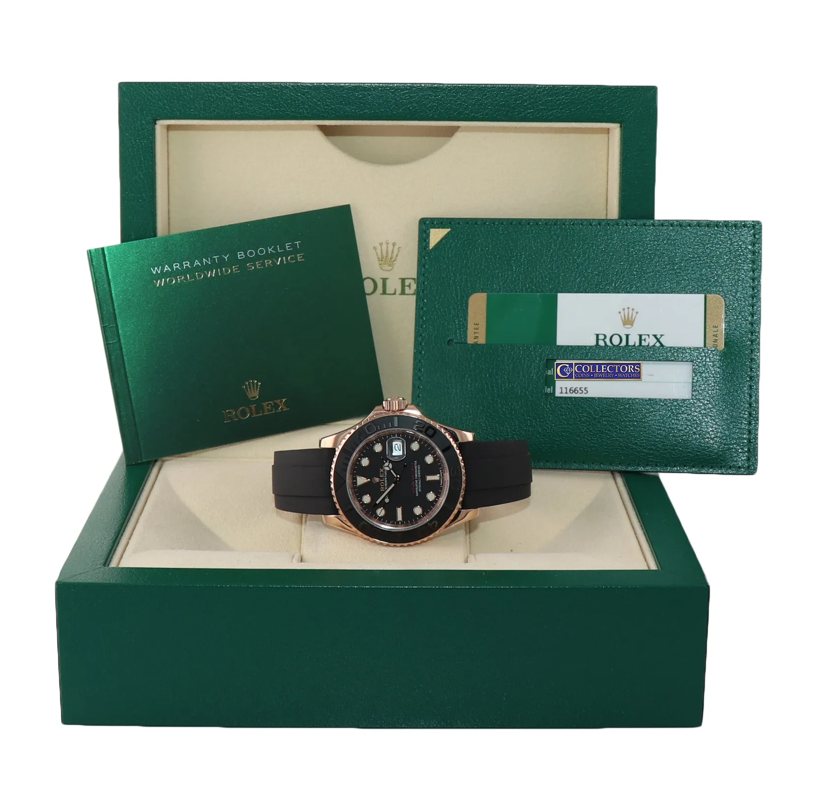 PAPERS Rolex Yacht-Master 116655 18k Everose 40mm Black Oysterflex Watch Box