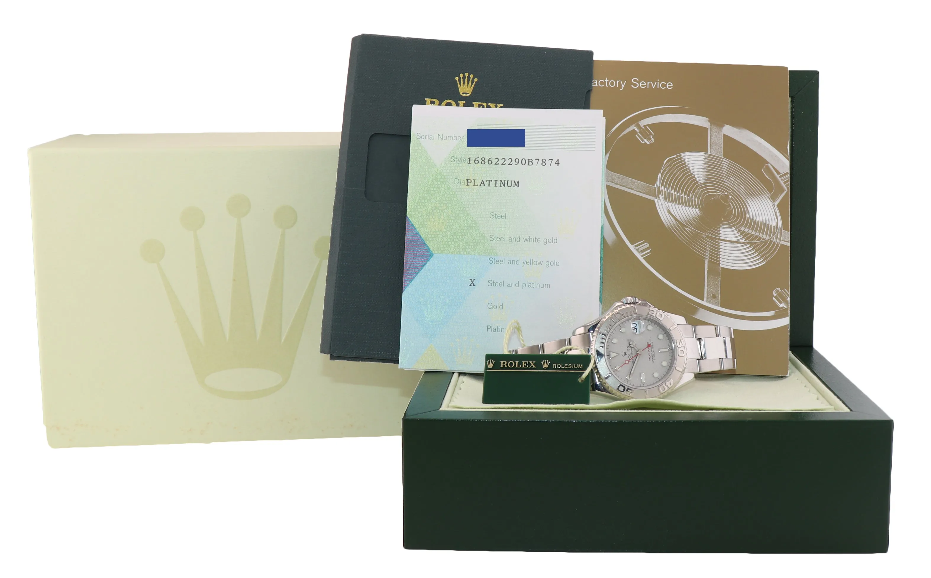 PAPERS Rolex Yacht-Master 168622 Steel Platinum Ladies Midsize 35mm Watch Box