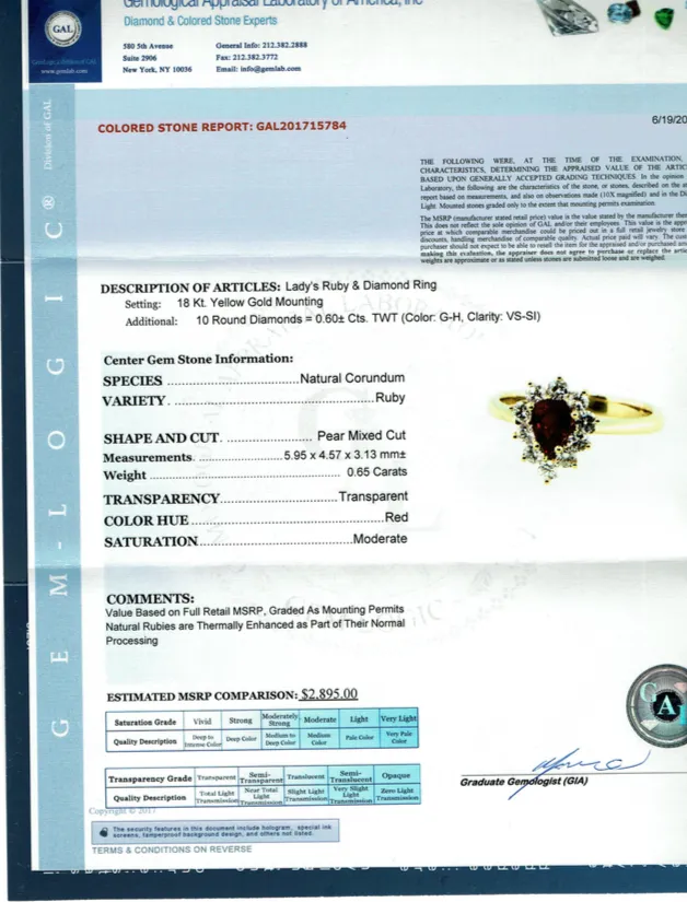 Red Ruby Diamond Engagement Ring Pear Cut 1.25 CT Certified 18k Yellow Gold