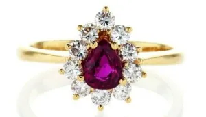 Red Ruby Diamond Engagement Ring Pear Cut 1.25 CT Certified 18k Yellow Gold