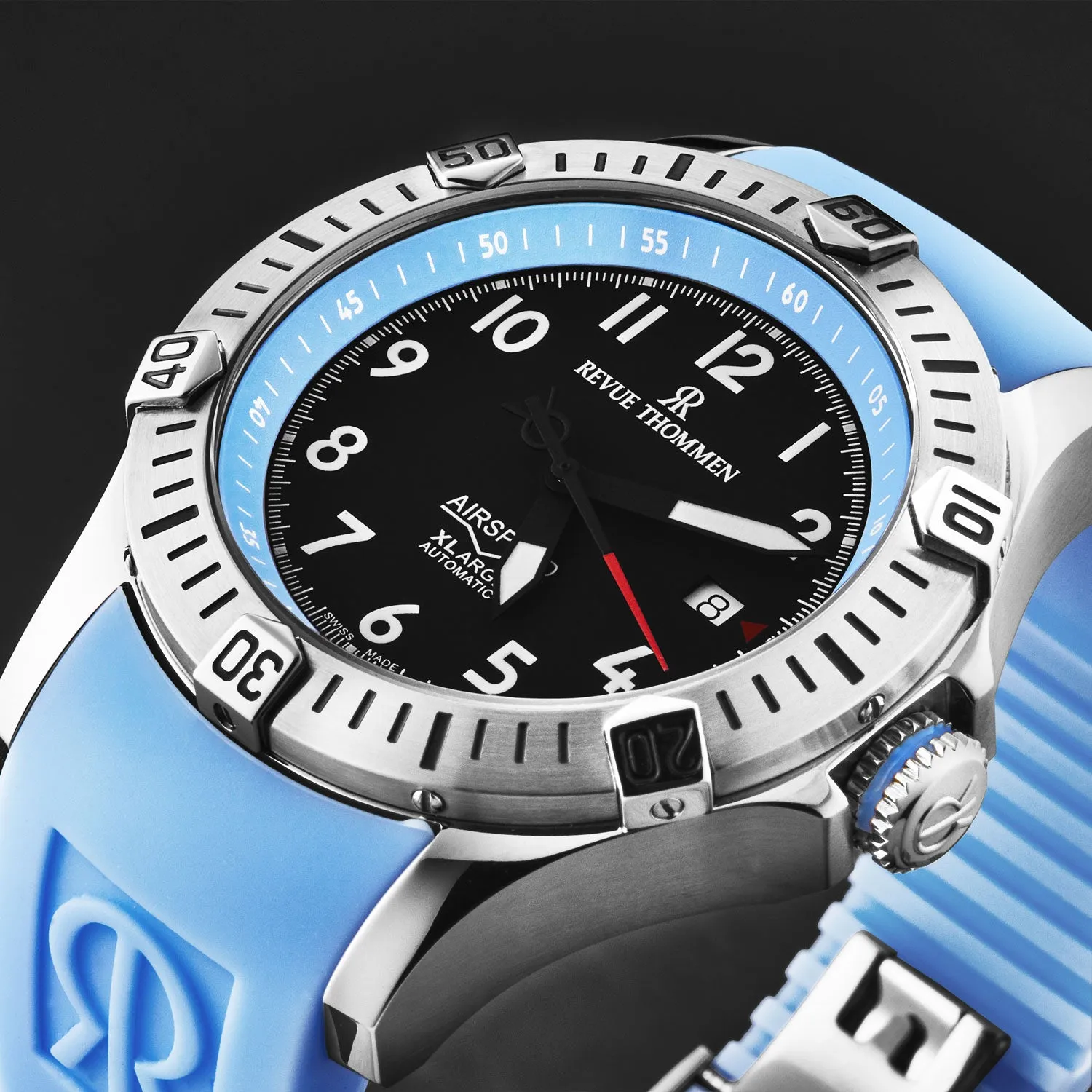 Revue Thommen Men's 'Air speed' Black Dial Blue Rubber Strap Automatic Watch 16070.4735