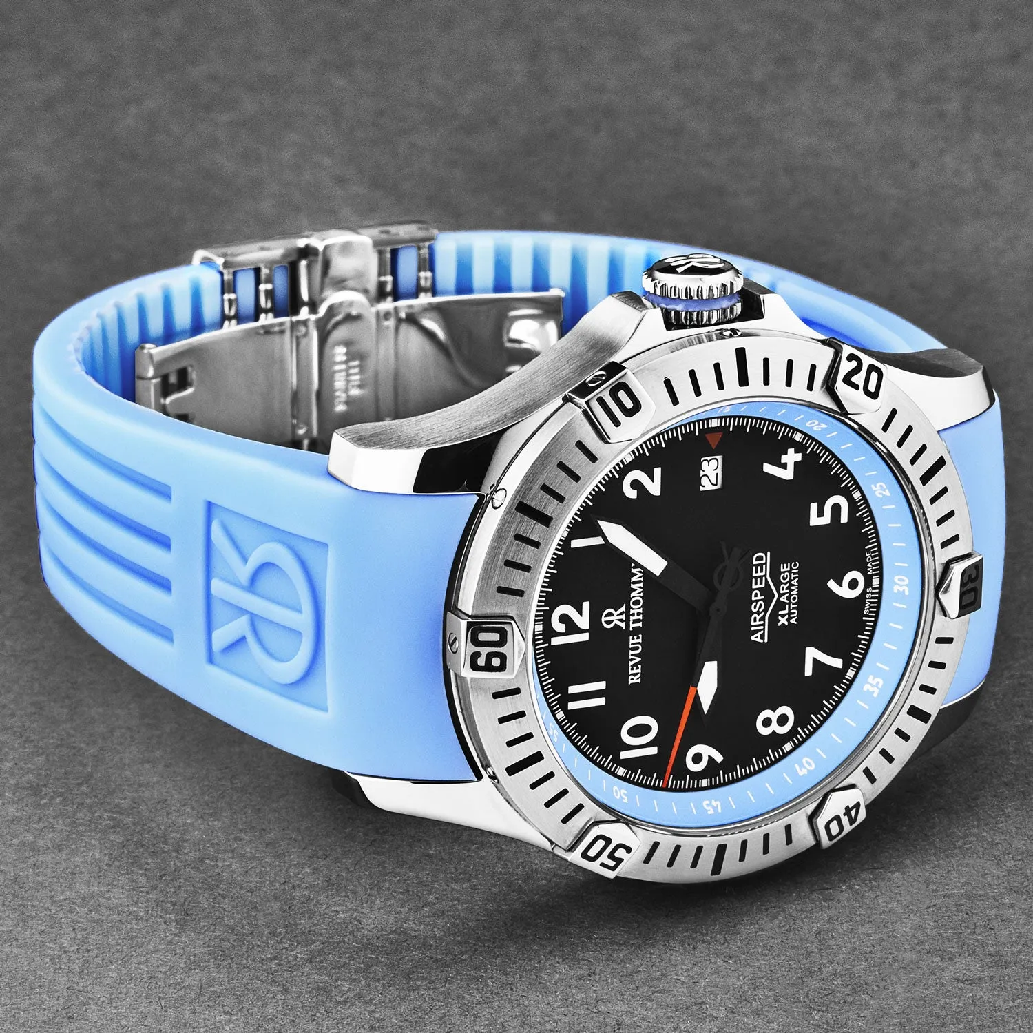 Revue Thommen Men's 'Air speed' Black Dial Blue Rubber Strap Automatic Watch 16070.4735