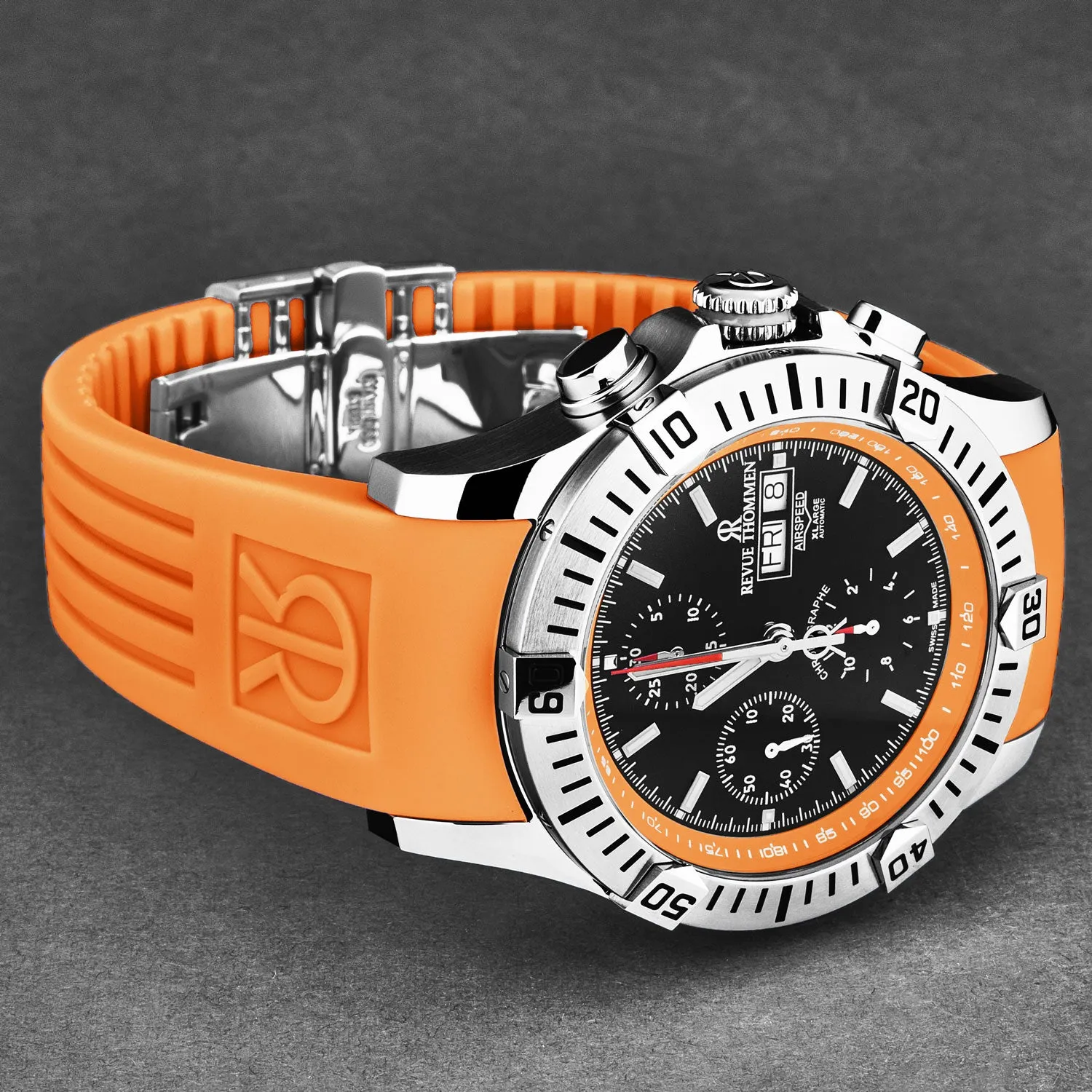Revue Thommen Men's 'Air speed' Black Dial Orange Rubber Strap Automatic Watch 16071.6639
