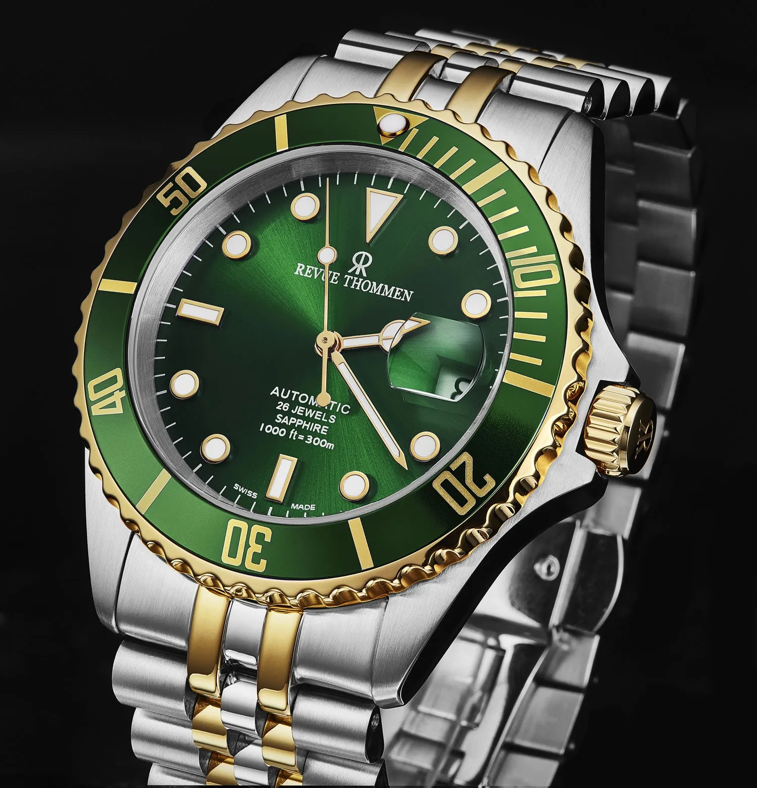 Revue Thommen Men's 'Diver' Green Dial Two Tone Stainless Steel Bracelet Automatic Watch 17571.2244