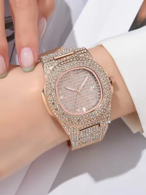 Rhinestone Decor Square Pointer Date Quartz Watch - Rose Gold