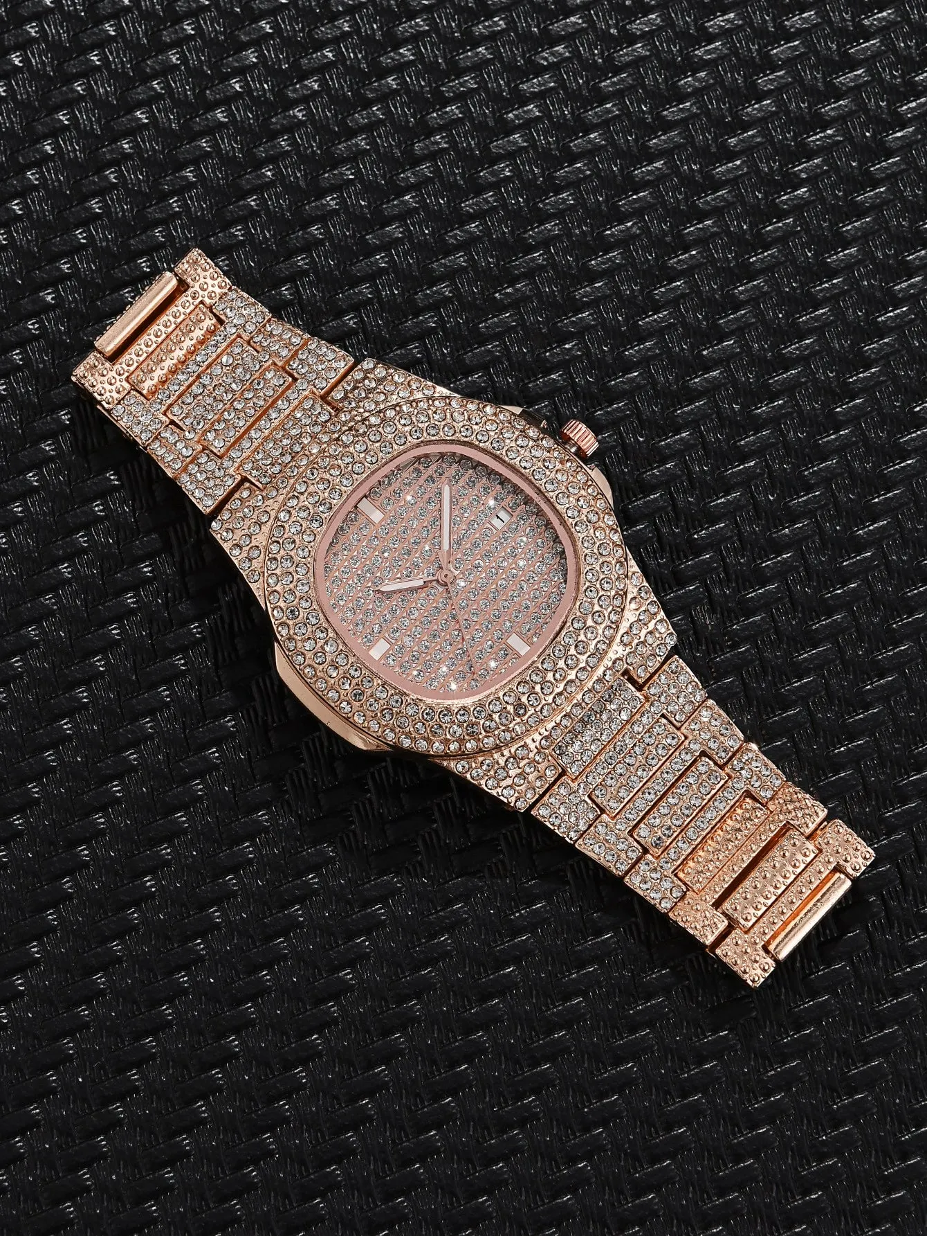 Rhinestone Decor Square Pointer Date Quartz Watch - Rose Gold