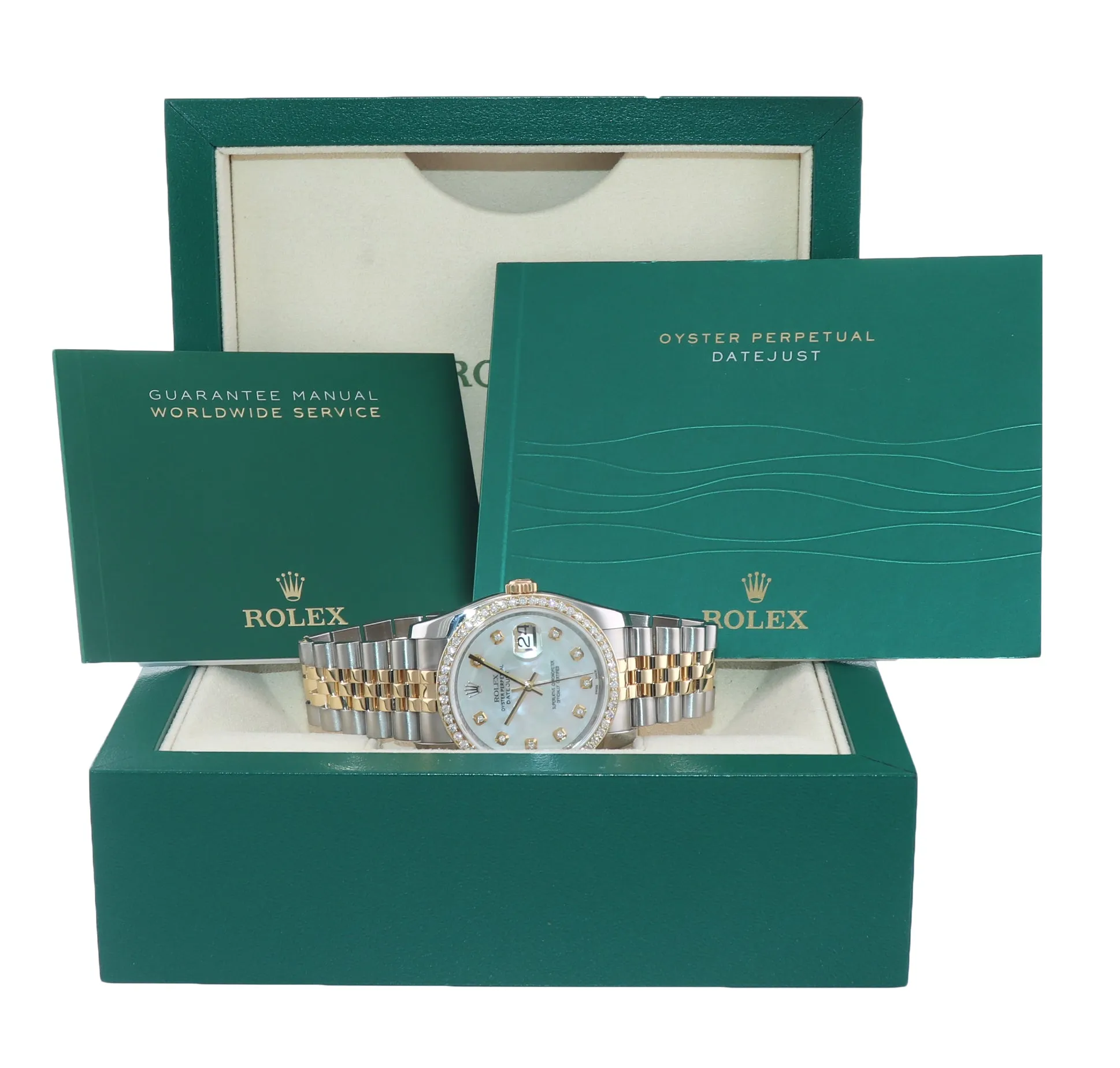 Rolex Date Just Super Jubilee 116233 MOP Diamond Two Tone Gold Watch Box