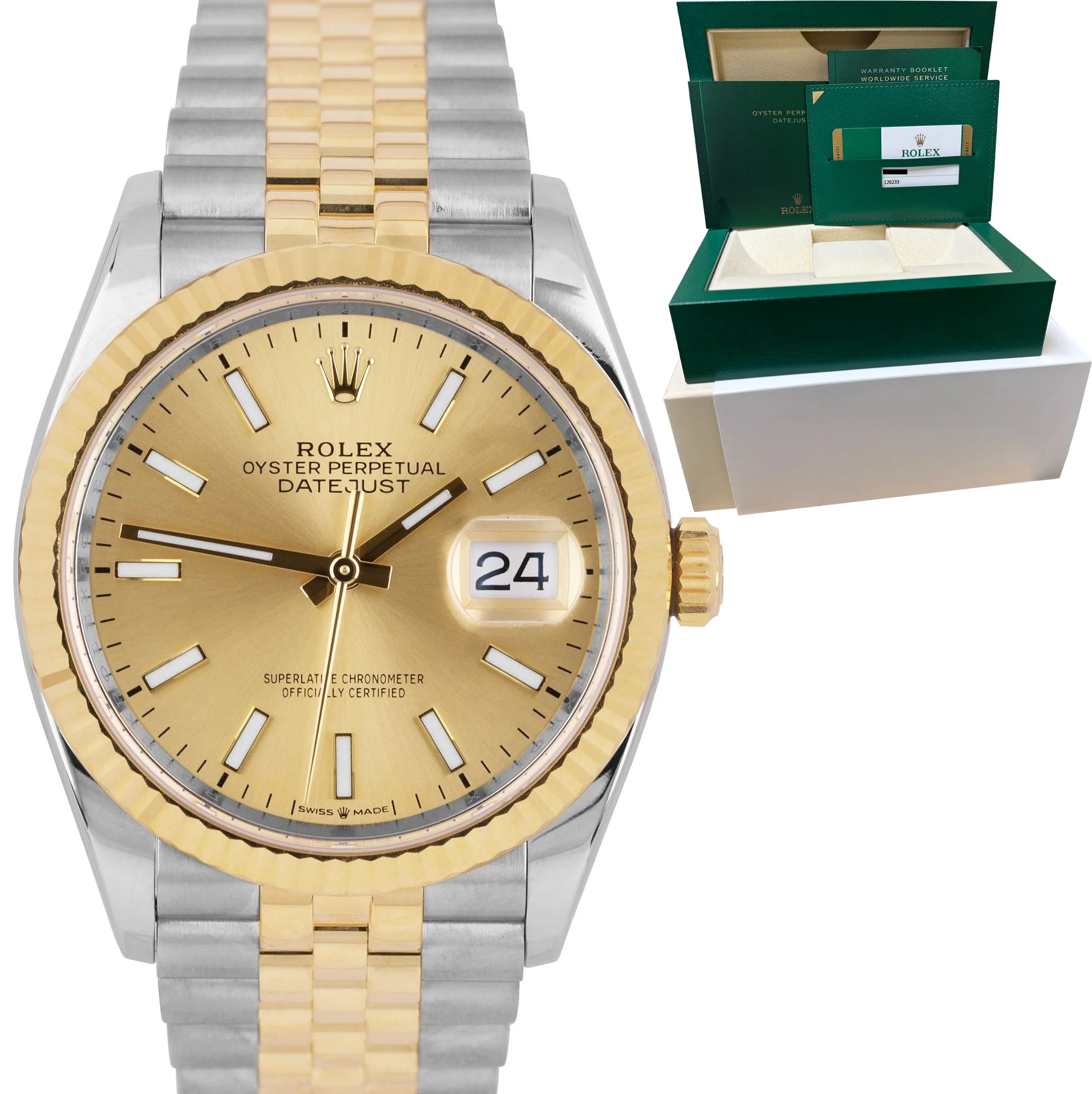 Rolex DateJust 36 Jubilee Champagne 18K Gold Steel Two-Tone Watch 126233 B P