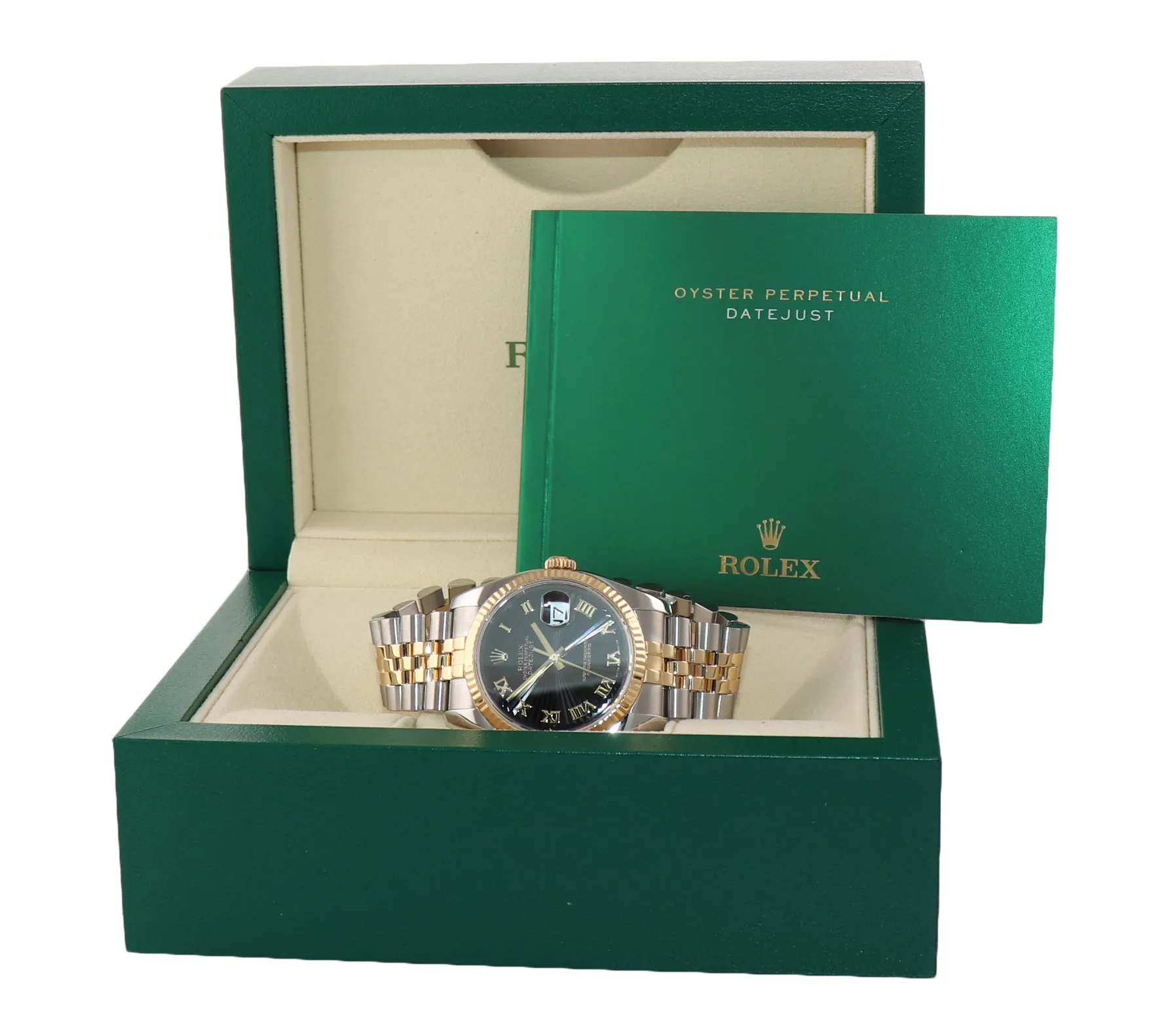 Rolex DateJust Jubilee 36mm Black Sunbeam 116233 Two Tone Yellow Gold Watch Box
