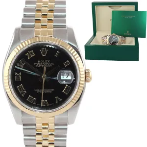 Rolex DateJust Jubilee 36mm Black Sunbeam 116233 Two Tone Yellow Gold Watch Box