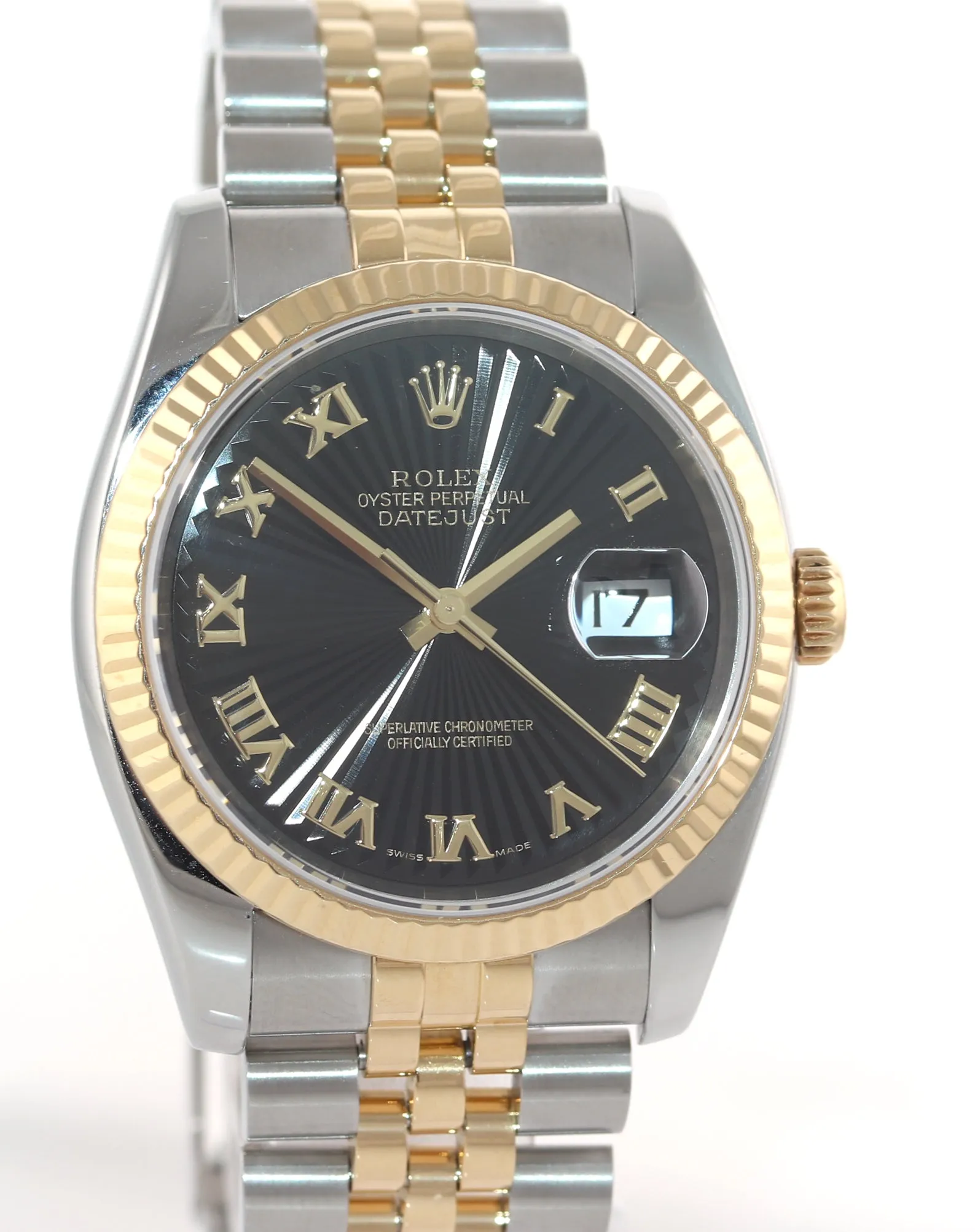 Rolex DateJust Jubilee 36mm Black Sunbeam 116233 Two Tone Yellow Gold Watch Box